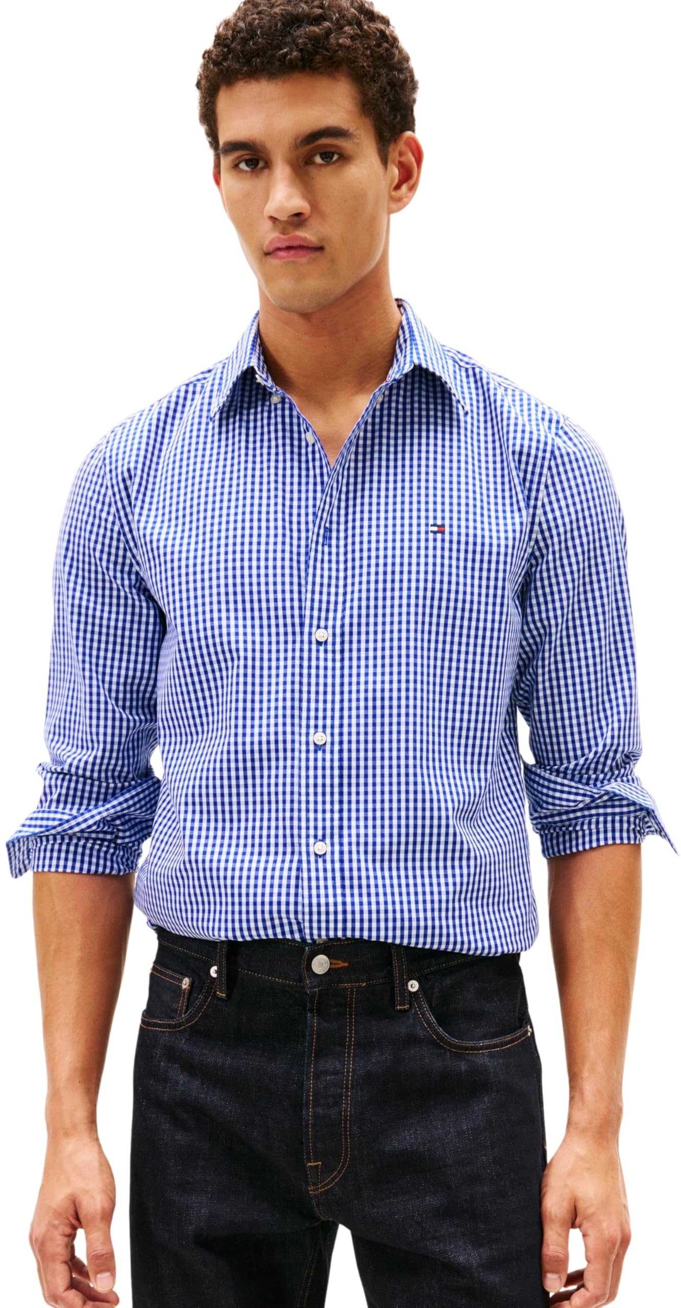 Tommy Hilfiger Men Flex POPLIN Big Gingham RF Shirt MW0MW41713 L/S Shirt, Blue, L