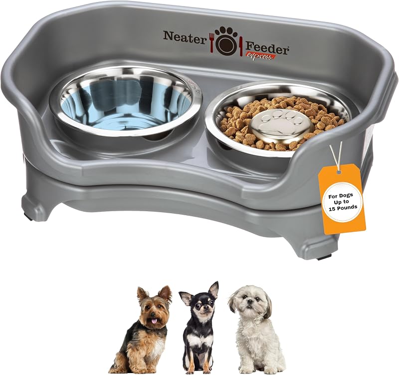 Comedouro elevado para cães pequenos Neater Feeder Express com tigela slow feeder de aço inoxidável, cinza
