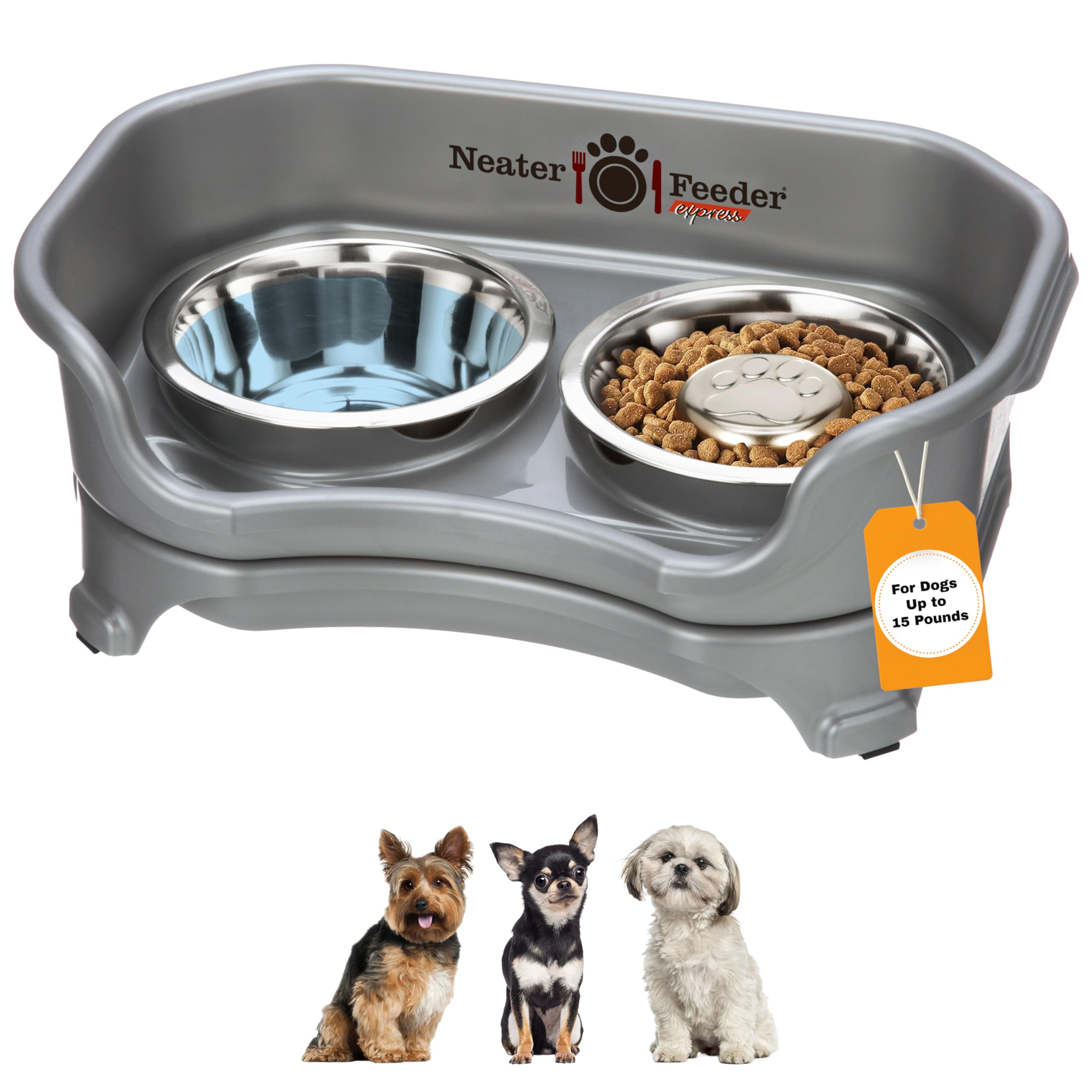 Neater Feeder Express Mess Proof Dog Bowls Elevated for Small Breed – Made in USA – No Spill Raised Slow Feeder Elevated Dog Bowl Stand, Stainless