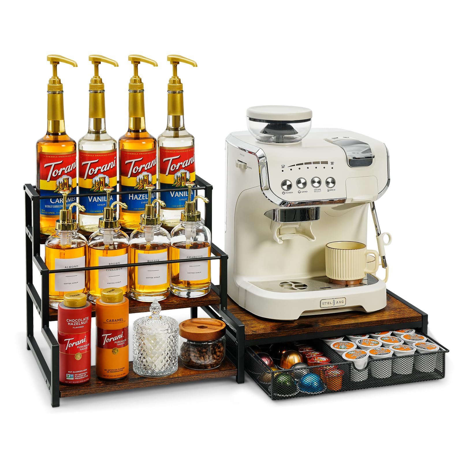 Pinzoveco Coffee Syrup Rack Organizer, 3 Tier 12 Bottles Syrup Rack with 24 K Cup Holder Drawer for Coffee Bar Organizer, Wood Coffee Station Organizer for Countertop, Coffee Makers, Bar Accessories