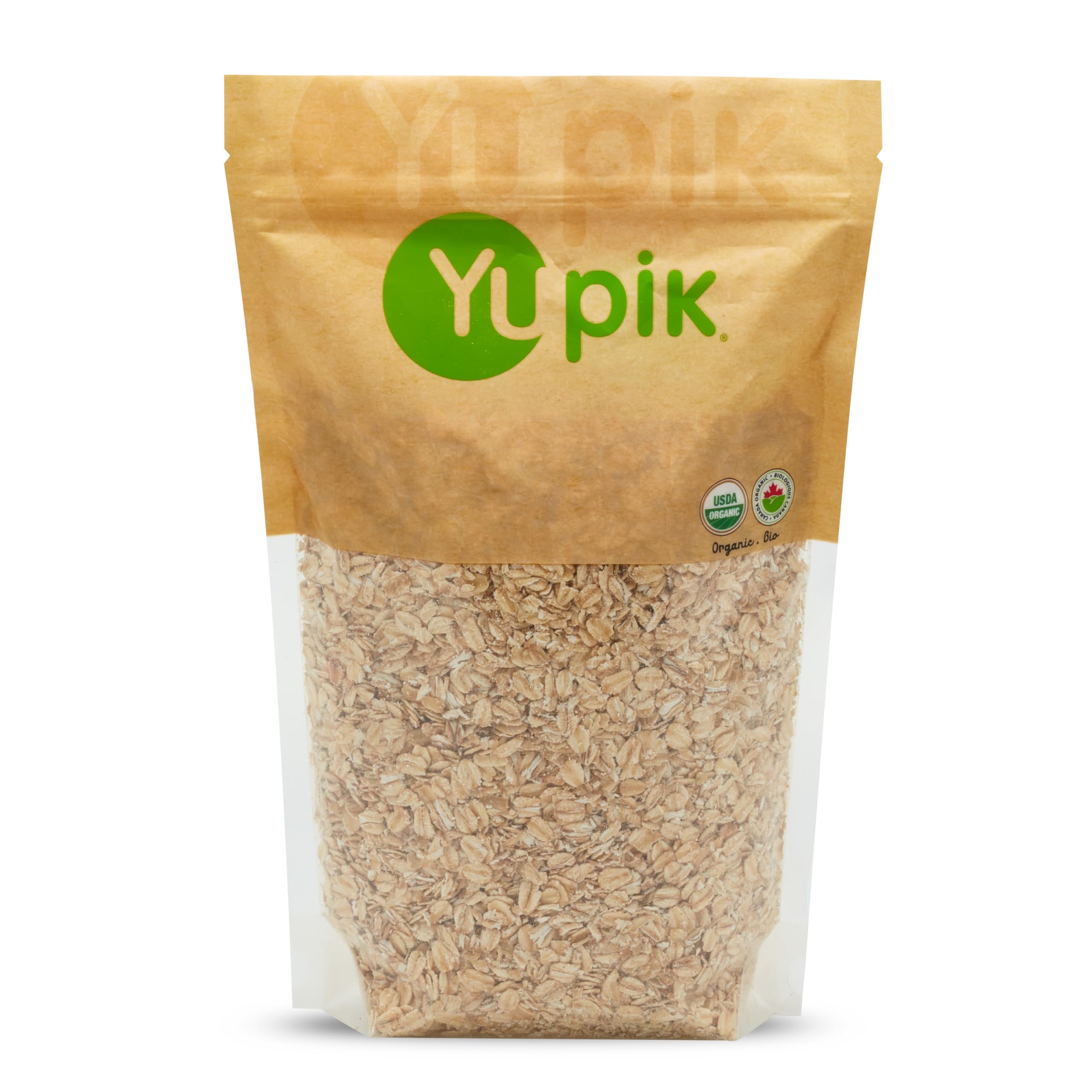 Yupik Organic Regular Rolled Oats 1 kg Non-GMO Kosher Vegan Steamed Rolled and Lightly Toasted Whole Oat Groats Salt-Free Good Source of Fiber Ideal for Baking & Topping