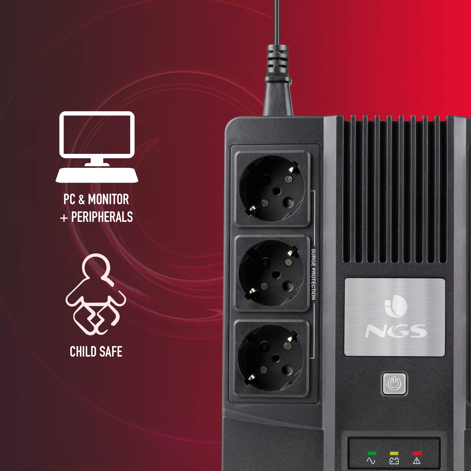NGS FORTRESSBUNKER - Gruppo di Continuità SAI, Off Line UPS 600 VA 360W con Batteria Incorporata 12V/7Ah e 6 Prese Schuko con Protezione contro i Picchi di Tensione