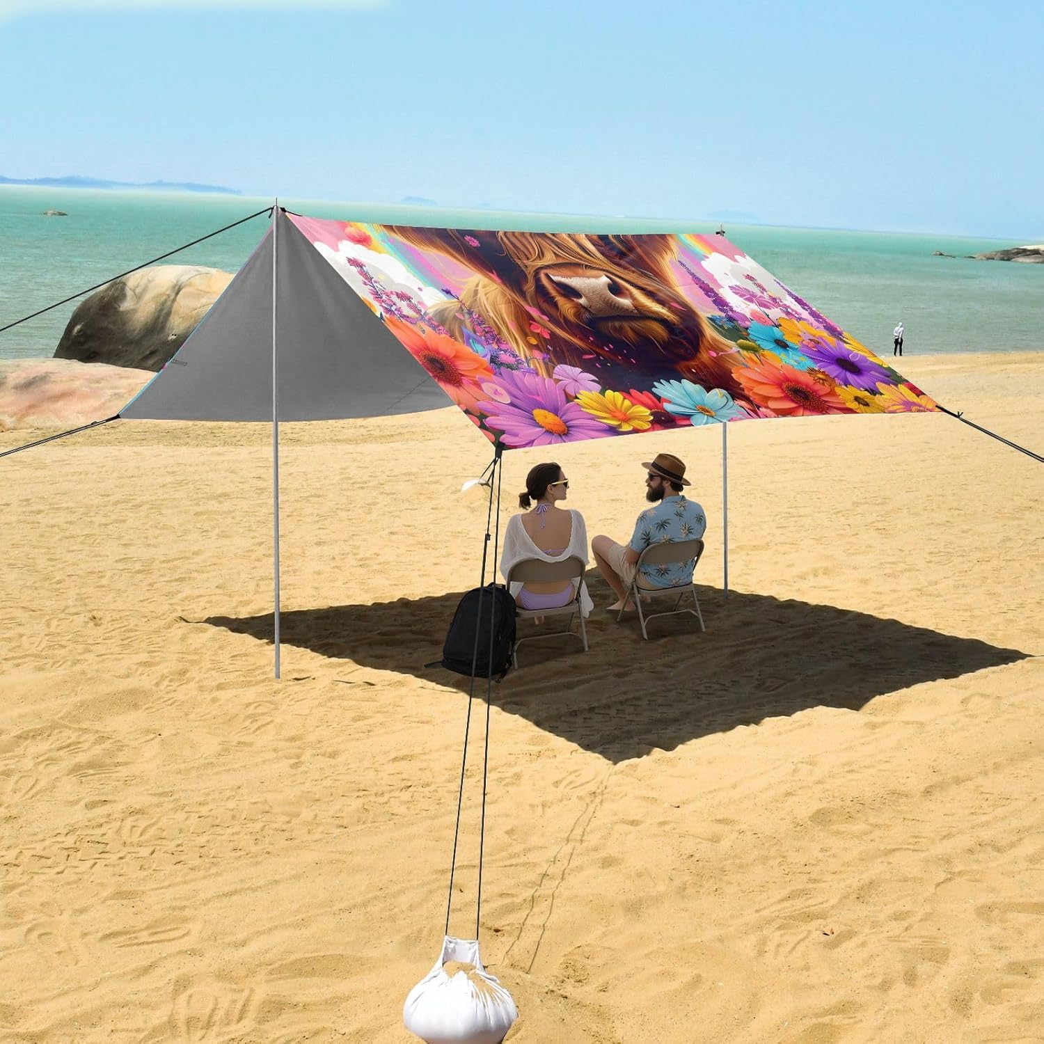 ALAZA Cow Bull Rainbow Daisy Beach Tent Sun Shelter UPF50+ Protection Beach Shade Canopy w/ 4 Sandbags for Outdoor Camping, Fishing, Backyard Fun, Picnic, 10x9 ft