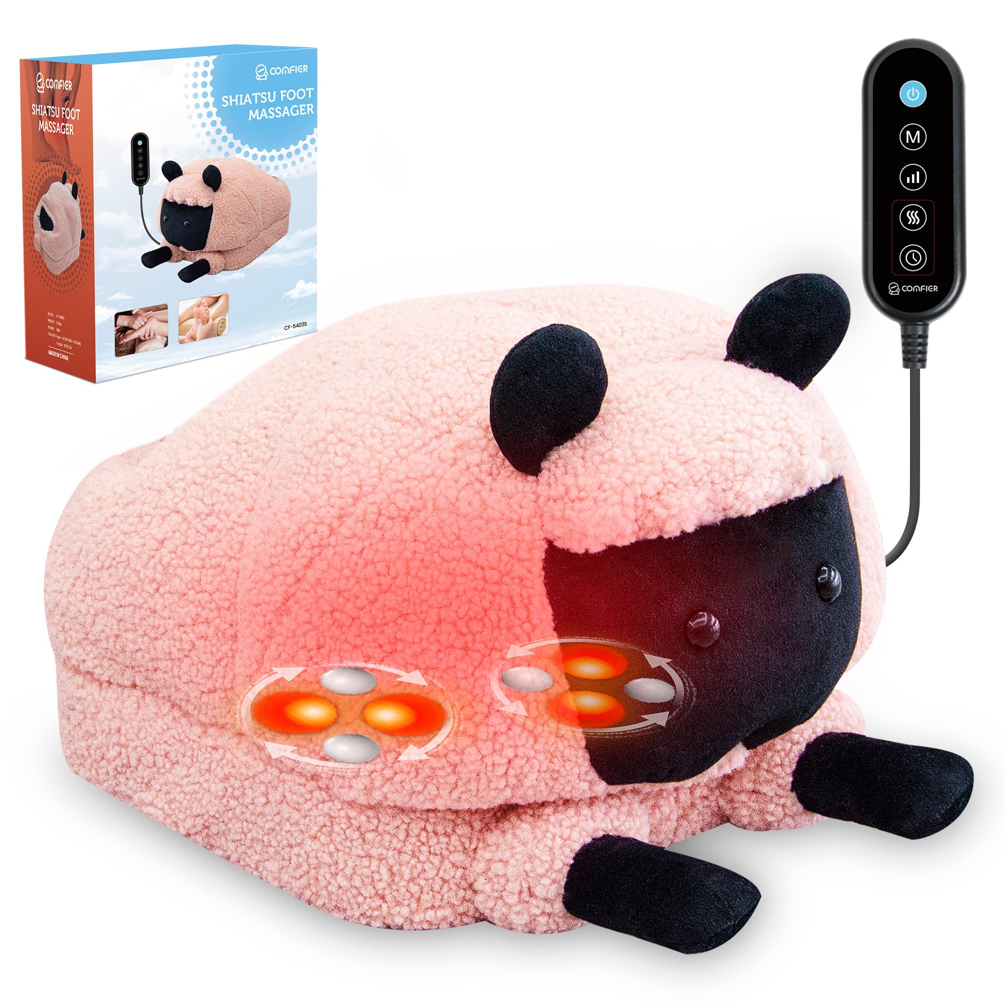 COMFIER Shiatsu Foot Massager with Heat and Massage, Electric Heated Foot Massager for Neuropathy Plantar Fasciitis, Lamb-Shaped Plush Feet Massager Machine Fits Up to 13 Size