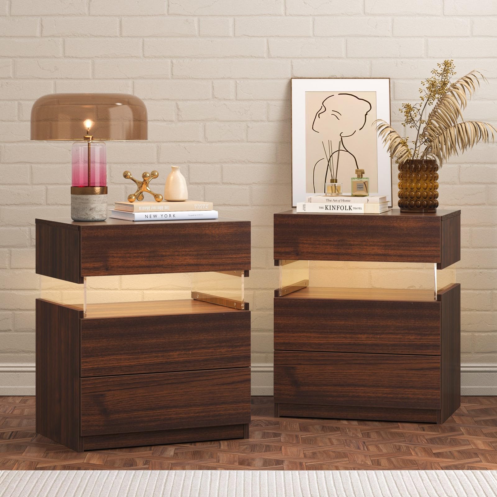 Bingoday Night Stand Set 2 Nightstands Set of 2 LED Bedside Tables with 3 Wood Drawers LED Modern Night Stand with Acrylic Board for Bedroom Living