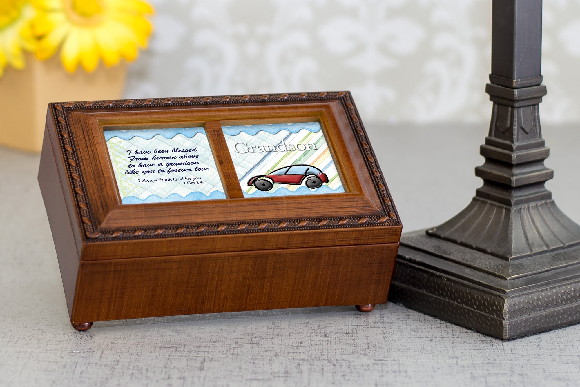 Cottage Garden Grandson Blessings Wood Finish Jewelry Music Box Plays Tune Ave Maria