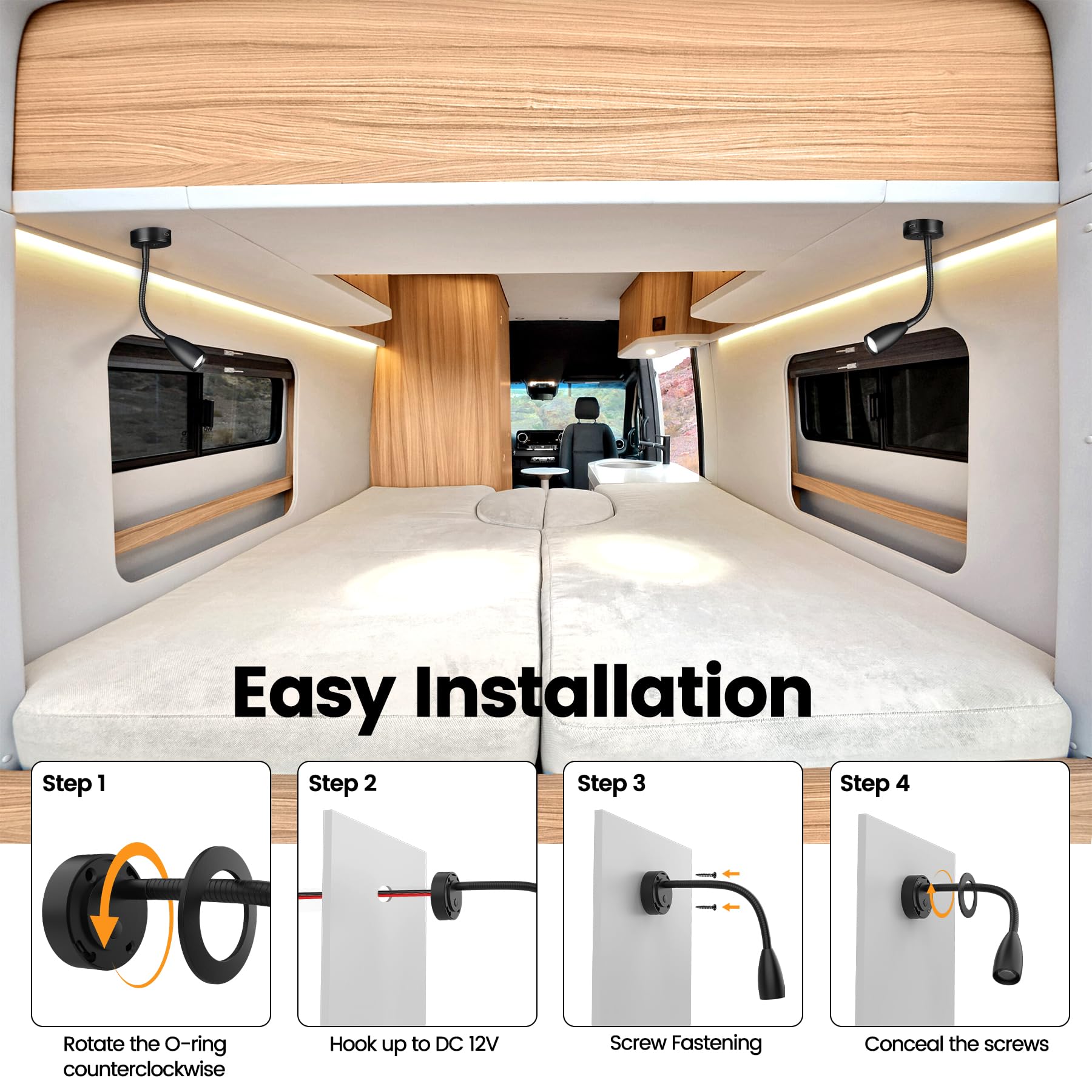 2 Pièces Lampe de Lecture 12V Camping-Car, Dimmable Cou de l'oie Spot 24v LED avec Type-C 20W pour Motorhome Caravane Batea Van Voiture Camion Bus Yacht (Noir, 4000K)