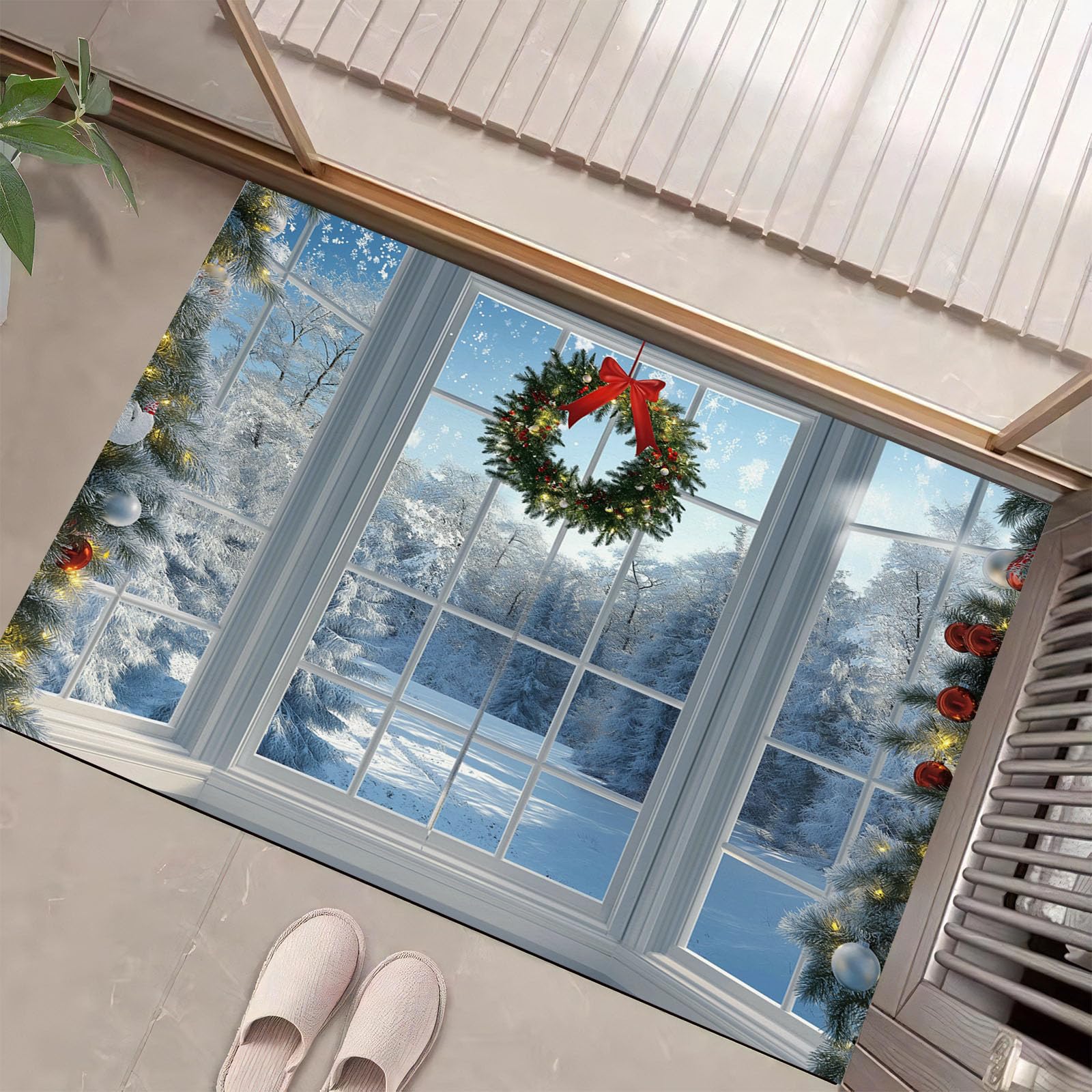Paillasson de Noël bleu clair 80x120 cm avec couronne de fleurs d'hiver