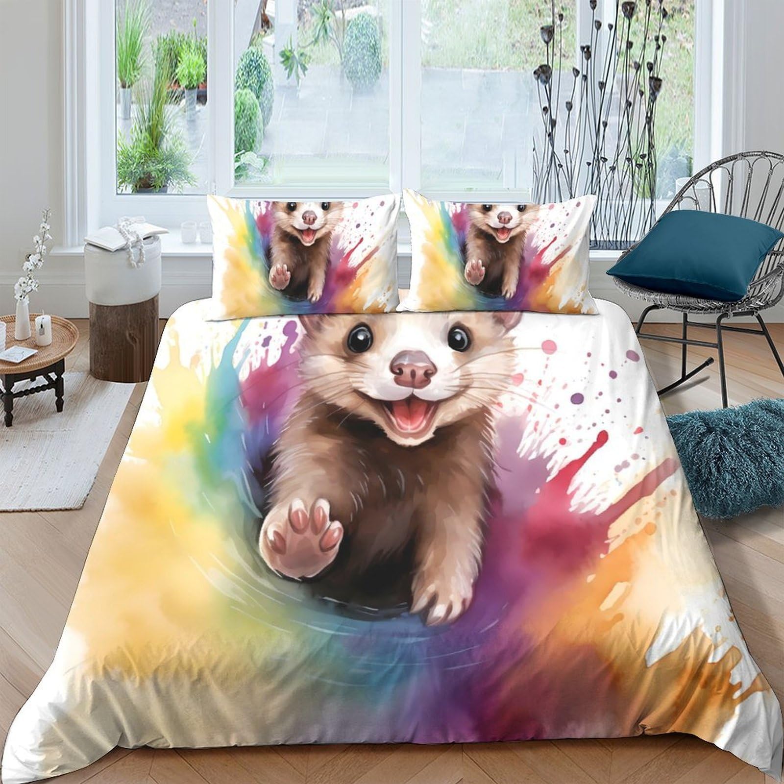 GPLZQXKJNH 3D Printed Cute Ferret Duvet Cover Microfiber Colourful Animal Bedding Set with 2 Pillowcases for Bedroom Decor Single（135x200cm）