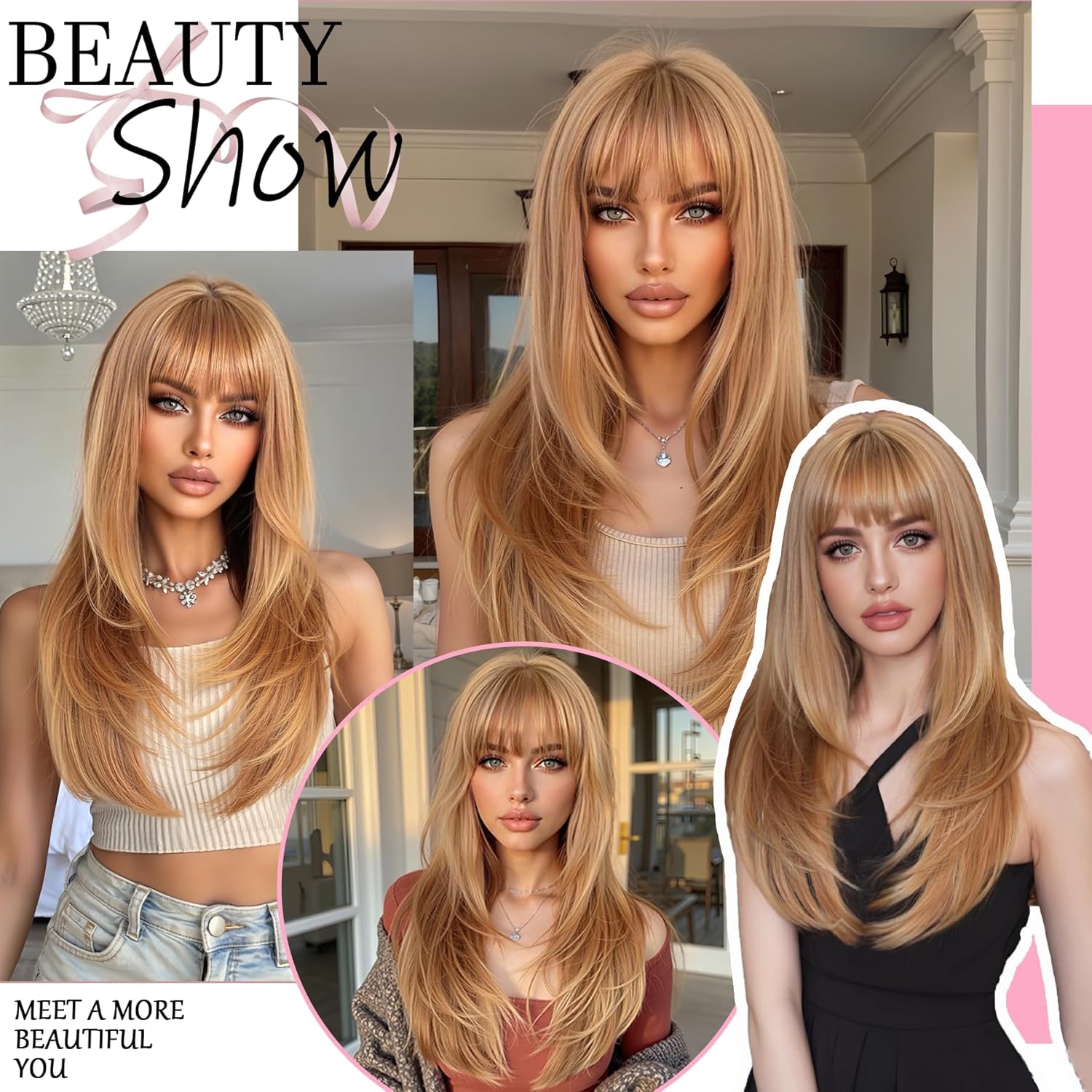 Champagne Blonde Wigs Human Hair Long Straight Layered with Bangs Lightweight Breathable Cap Natural Looking Hair Replacement for Women Cosplay Daily Party (Champagne Blonde,24inch) - Image 5