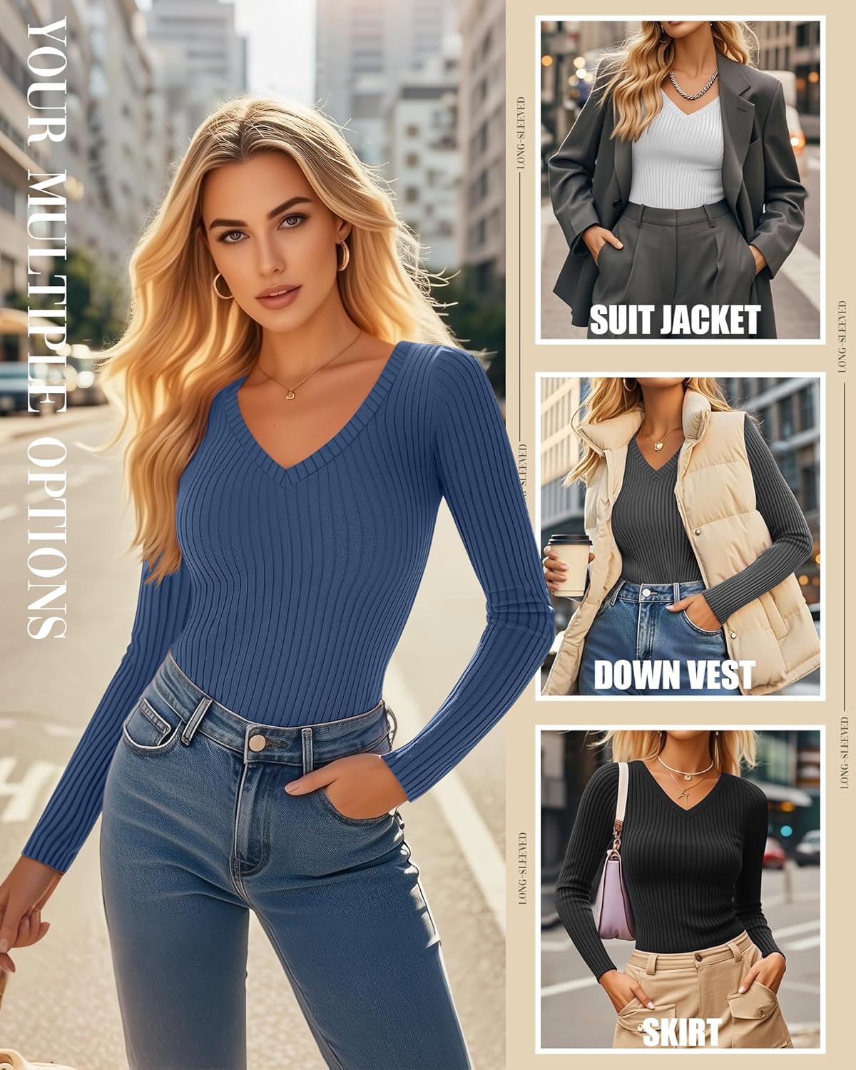 4 Pack Women's Thermal Shirts Long Sleeve Ribbed Cotton Tops V Neck Fitted Winter Undershirts Basic Base Layer - Image 2