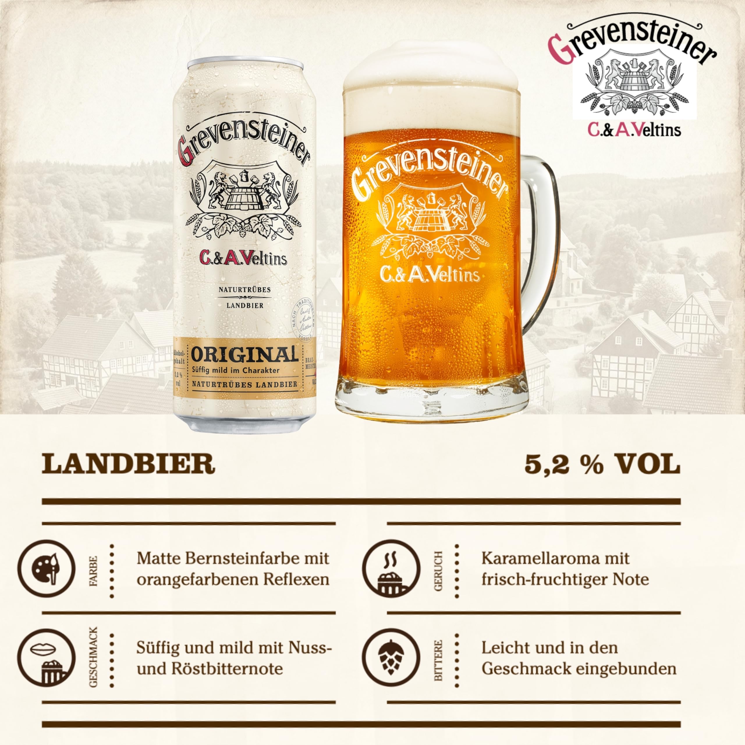 Grevensteiner Original Landbier Naturtrüb, EINWEG (24 x 0,5 l Dose) – Naturtrübes Landbier süffig & mild mit Nuss- und Röstbitternote, 5,2% Alkohol – matte Bernsteinfarbe mit Orange-Reflexen