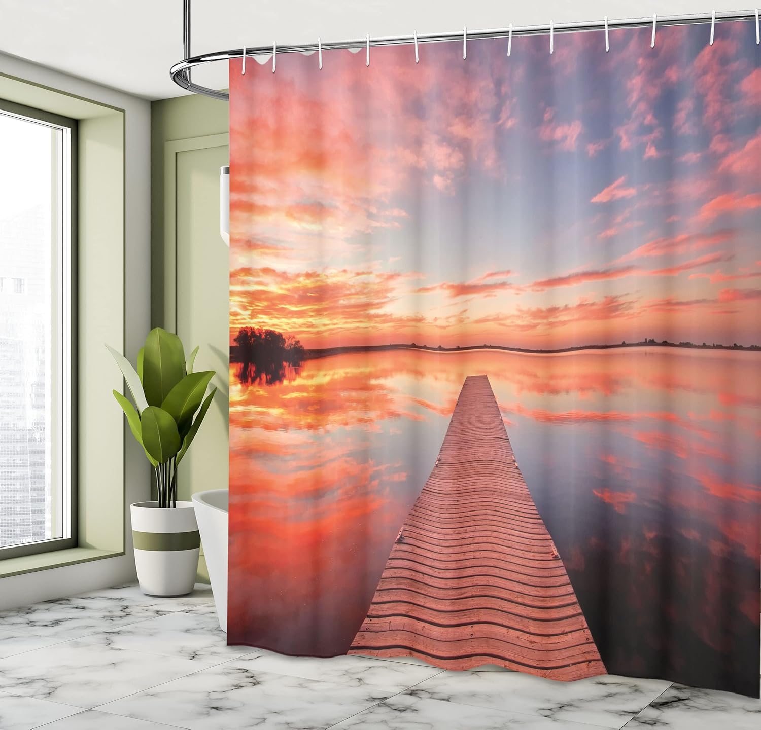 Ambesonne Lake House Shower Curtain, View of The Timber Deck Pier Over Idyllic Sky at Dawn Scenery Print, Cloth Fabric Bathroom Decor Set with Hooks, 69" W x 84" L, Orange Lavender