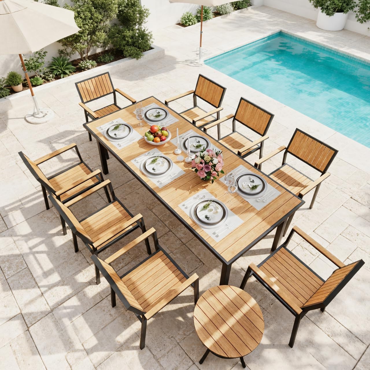 8-Piece Patio Dining Set，Aluminum Outdoor Furniture Set with Wood Table Top,Patio Table and Chairs Set with 6 Outdoor Stackable Chairs for Patio Garden Poolside，Ink