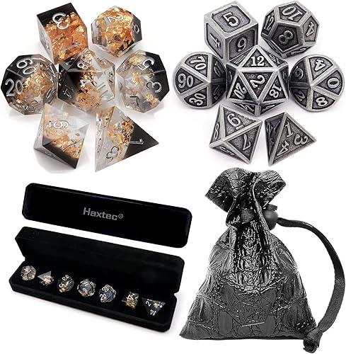 Haxtec Juego de dados DND de metal de hierro antiguo y paquete de dados de borde afilado de lámina dorada negra