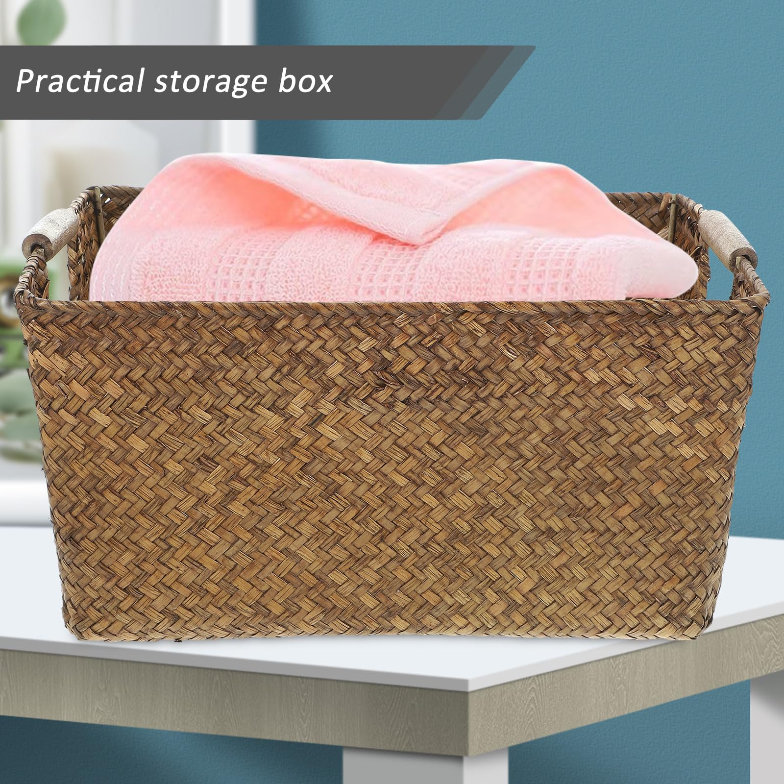 Cestino Rattan in Alga Marina e Legno, Rettangolare, Leggero, per Organizer Bagno e Casa, Cestino Portaoggetti Multiuso