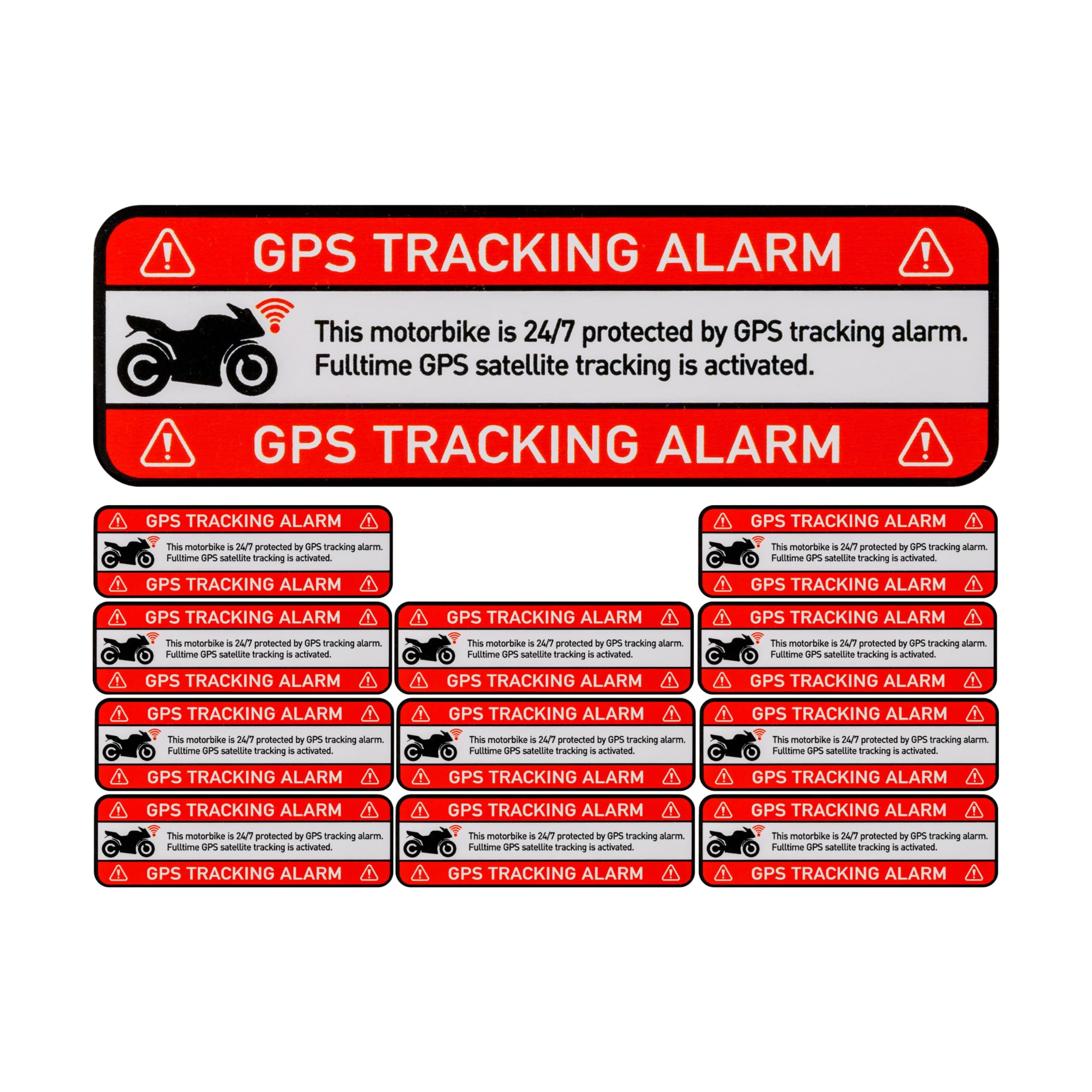 Aufkleber Set "MOTORBIKE GPS TRACKING ALARM!", 12 Stück, 67 x 21 mm, selbstklebende Folie, außenklebend, Motorrad Warnhinweis Sticker Außenbereich, Diebstahlschutz Mopped, Klebesticker alarmgesichert