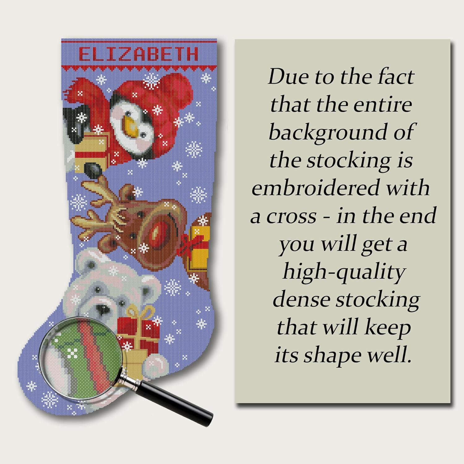 Stamped Cross Stitch Kit for Adults – Personalized Christmas Stocking with Penguin, Reindeer & Polar Bear – Counted Embroidery Pattern for Beginners – DIY Holiday Decoration