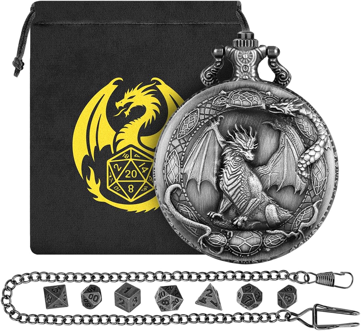 Mini DND Dice Set with Border Standing Dragon Pattern Pocket Watch Shell Case, 7pcs Polyhedral Mini Metal Dice Set, D&D Gifts with Gift Bag, Role Playing Board Game Accessories, Dark Silver