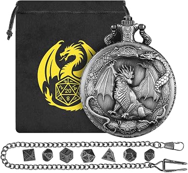 Mini DND Dice Set with Border Standing Dragon Pattern Pocket Watch Shell Case, 7pcs Polyhedral Mini Metal Dice Set, D&D Gifts with Gift Bag, Role Playing Board Game Accessories, Dark Silver