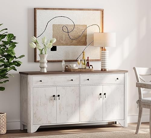 WAMPAT Armario buffet con 4 puertas y 2 cajones, armario de 59 pulgadas de ancho con almacenamiento, armarios de almacenamiento de cocina de madera,