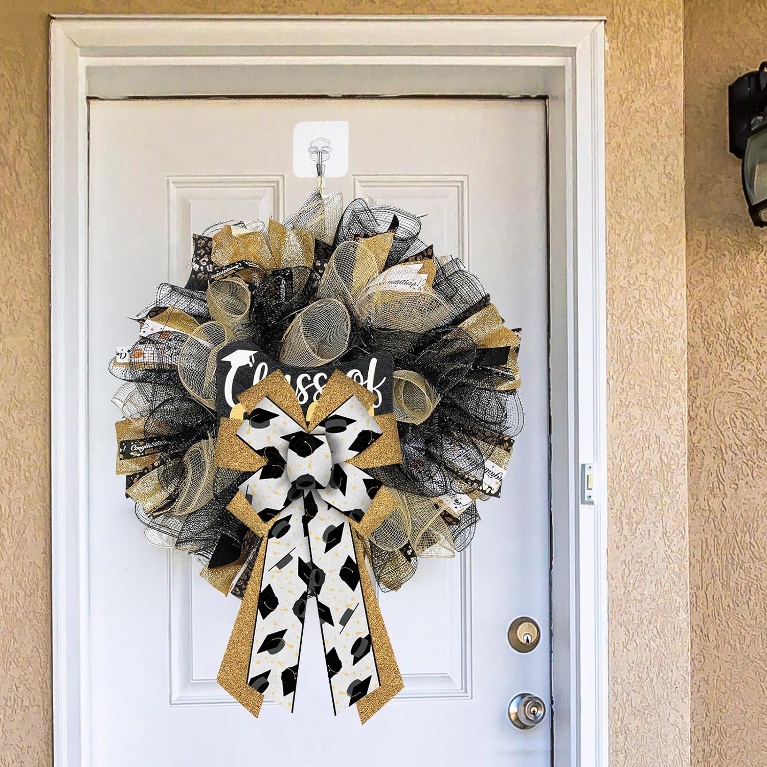 Large Graduation Bow for Wreath, White Graduation Cap Congrats Bow for Front Door, Gold Glitter Graduation Wreath Bow for Graduation Decoration Party Supplies Indoor Outdoor Wall Ornament