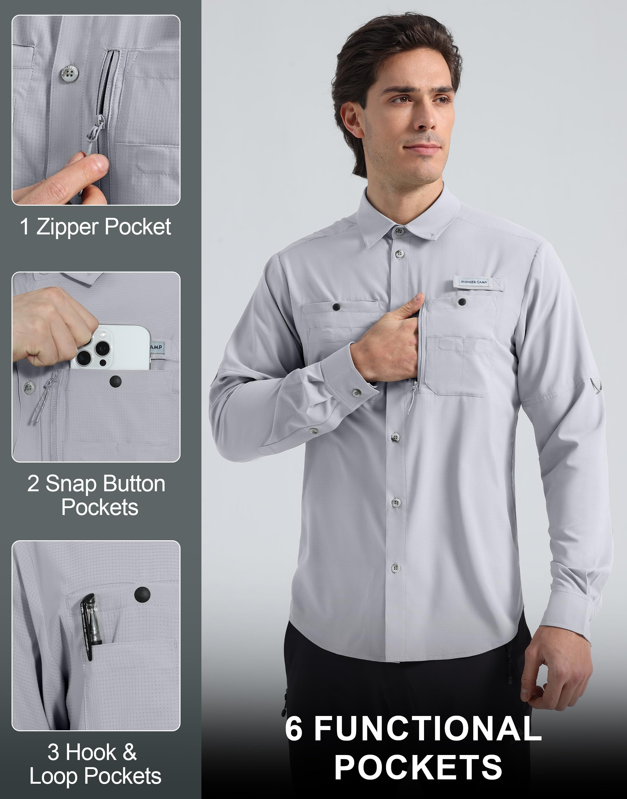 Pioneer Camp Camicie da pesca da uomo a maniche lunghe UPF50+ protezione solare UV Button Down camicie ad asciugatura rapida raffreddamento per escursioni safari