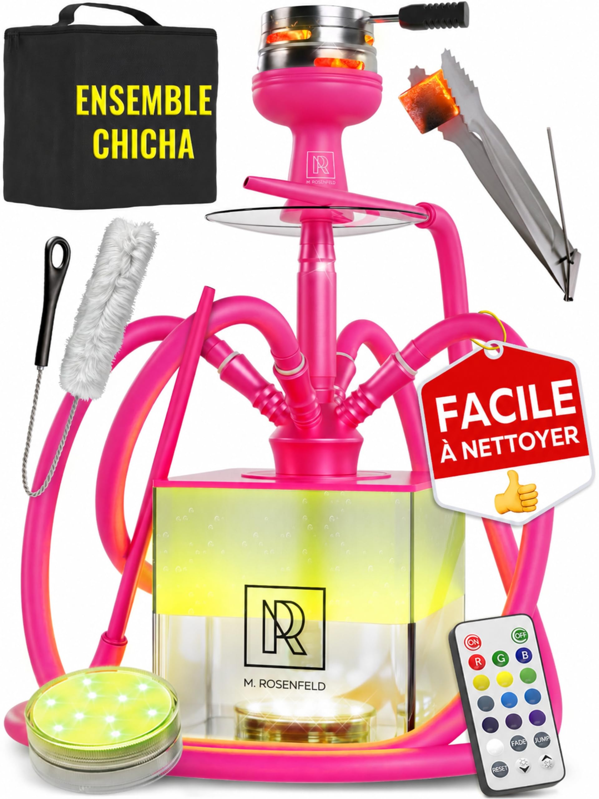 Hookah Lot de 4 Pantalons Hookah – YADO Square Hookah to Go avec Support de narguilé au Charbon et Dispositif de Gestion de la Chaleur et Grand Bol en Silicone Noir et Sac pour narguilé – Rose