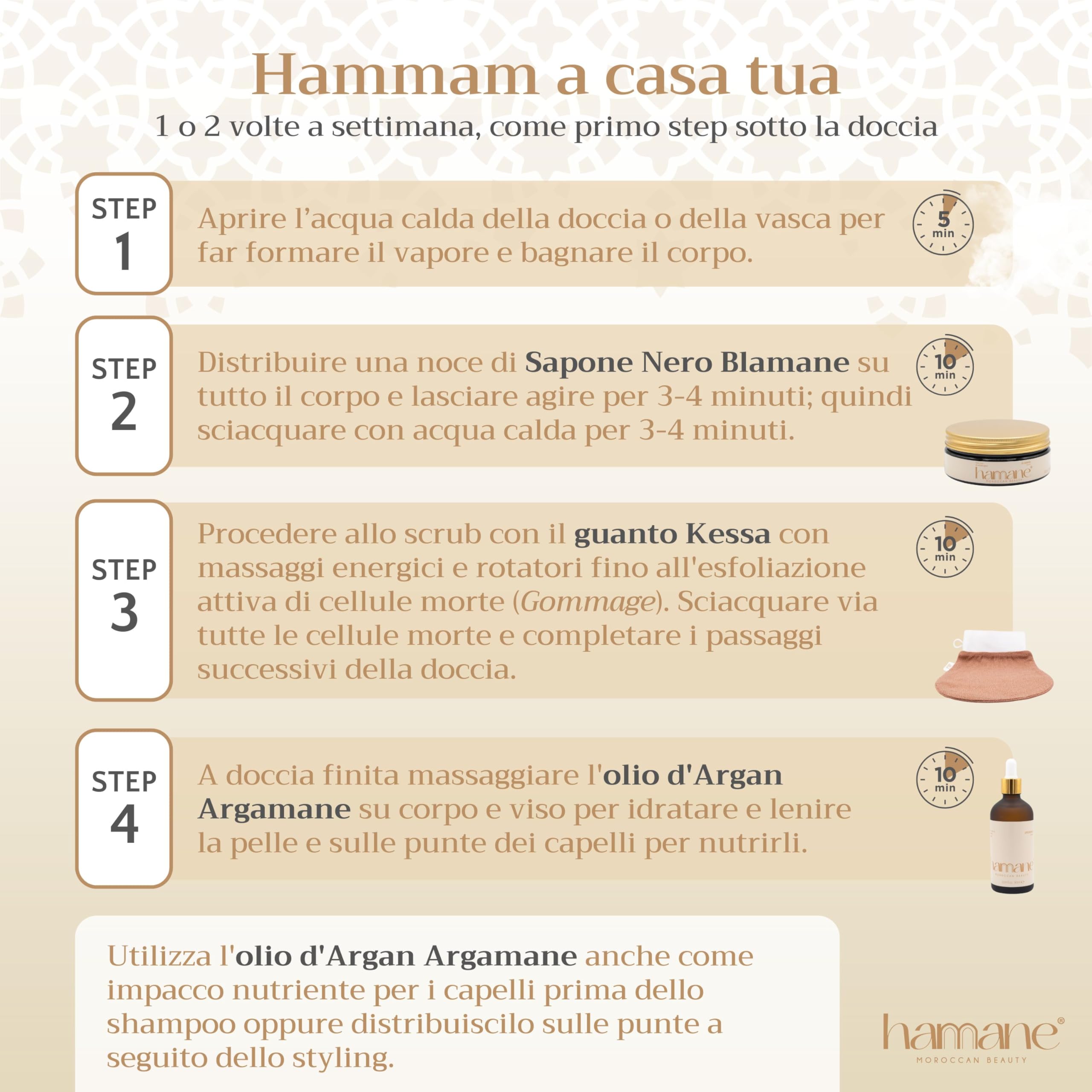 Beauty, Kit Hammam con Sapone Nero Marocchino (100 g), Guanto Kessa Esfoliante Marrone e Olio di Argan (50 ml), Pulizia Profonda ed Esfoliazione Delicata, Profumo Gelsomino