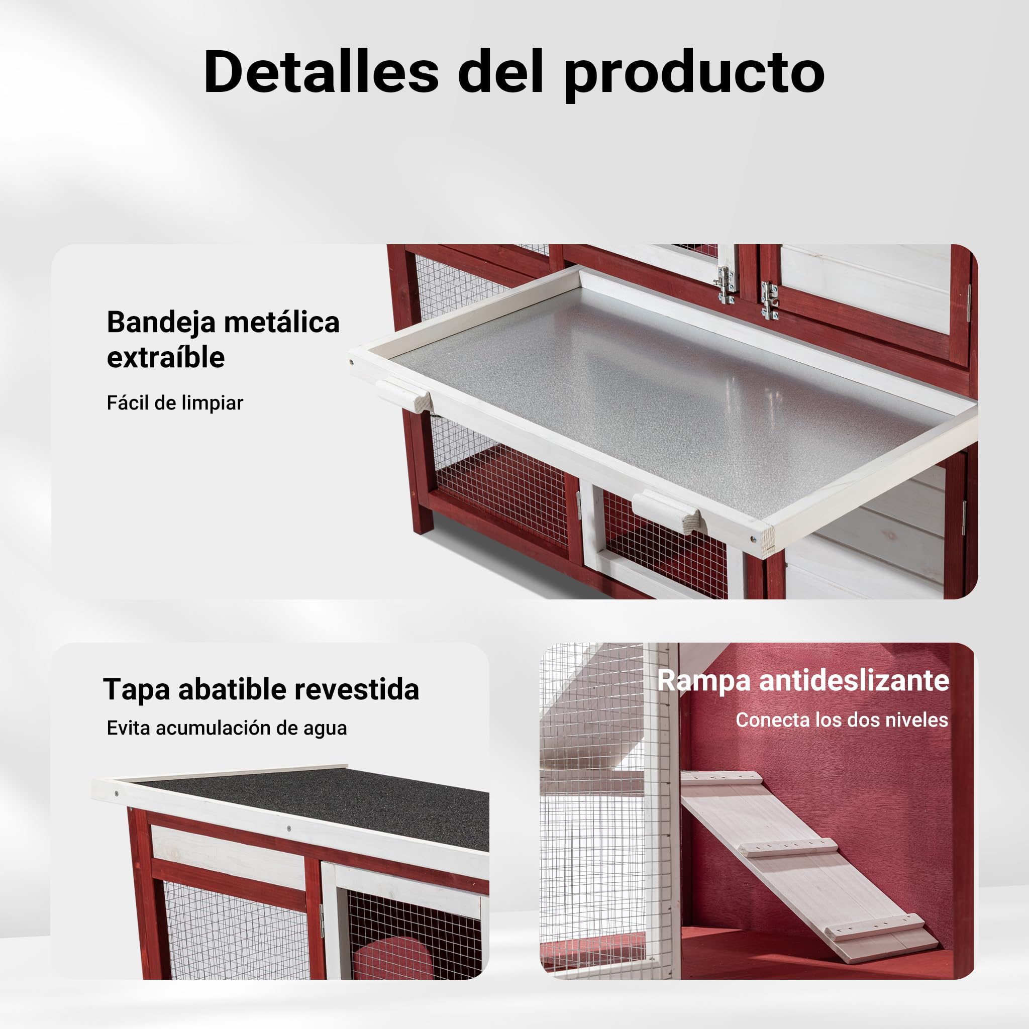 Conejera con Escalera y Dos Niveles Rojo y Blanco Caseta con Suelo extraíble y tejado Plegable