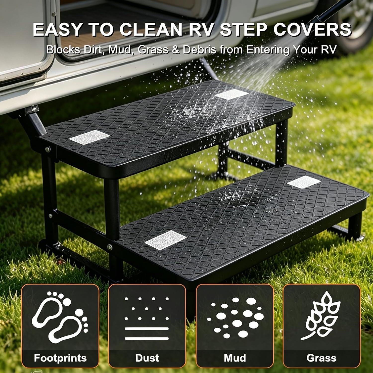 RV Step Covers 4 Pack, Waterproof Non‑Slip Camper Stair Mats Black