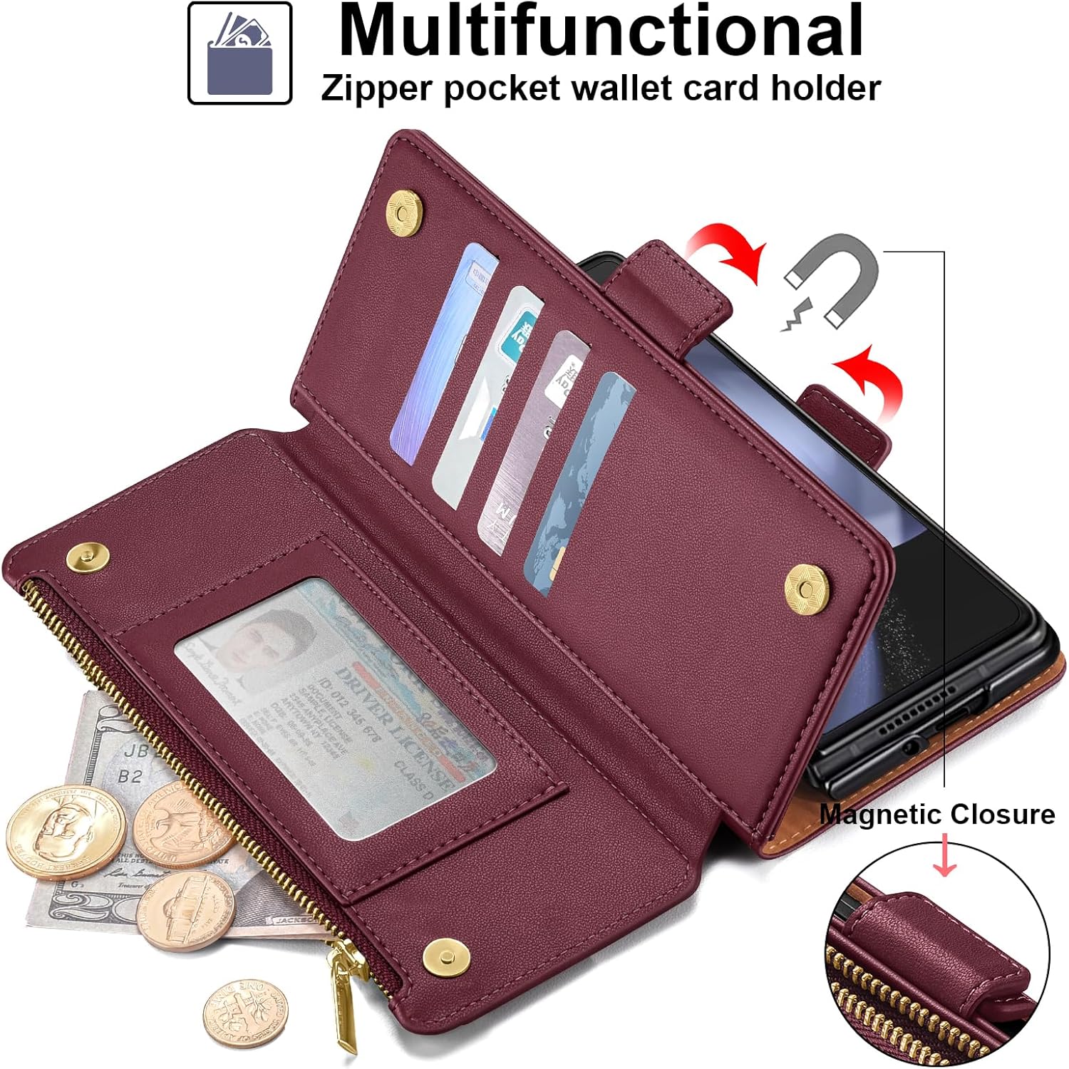 Antsturdy Compatible with Samsung Galaxy Z Fold 6 Case Wallet Women with【S Pen Holder】 Phone Case with Card Holder Strap PU Leather RFID Blocking Flip Protective Cover Credit Slots Men,Wine Red