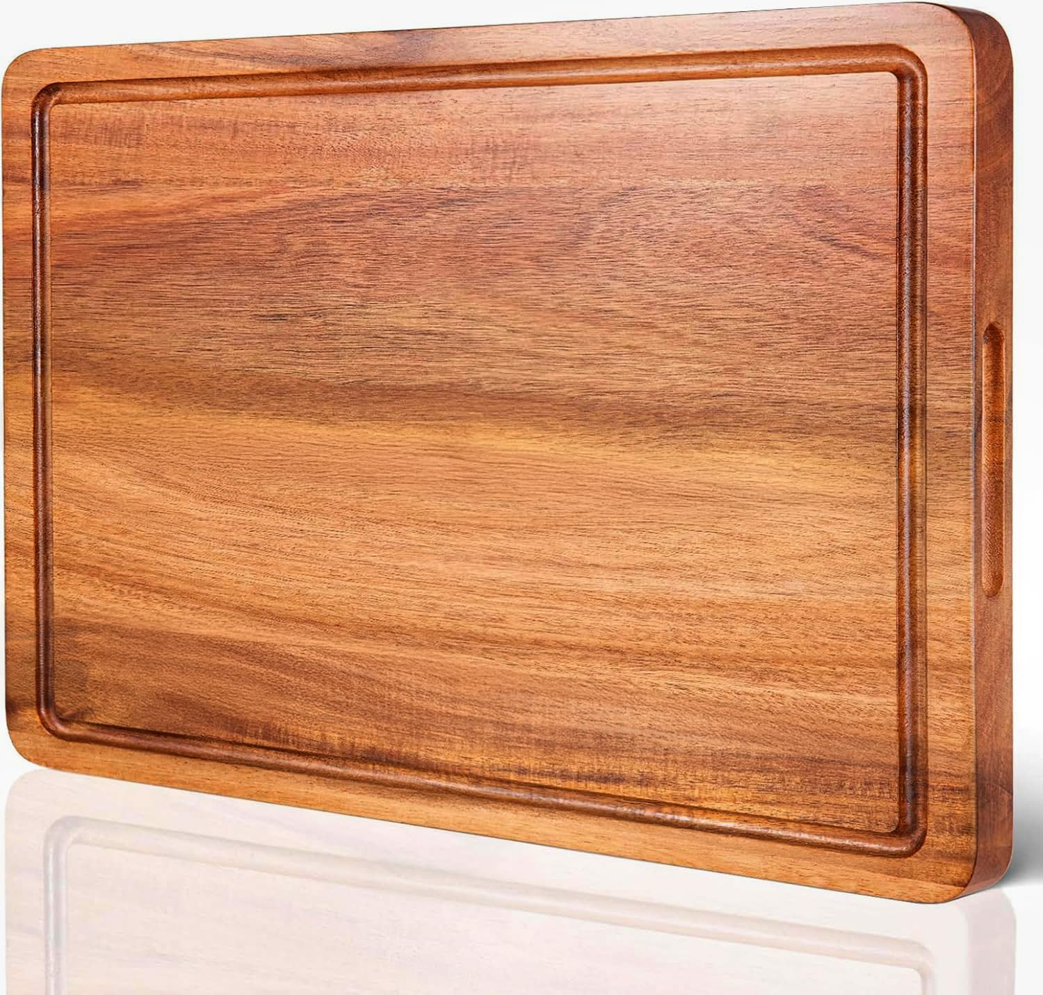 COCOBOSS Planche à découper en bois d'acacia de qualité supérieure pour la cuisine - Grande : 38 cm x 25 cm x 2,5 cm - Avec fente pour jus et poignées pratiques