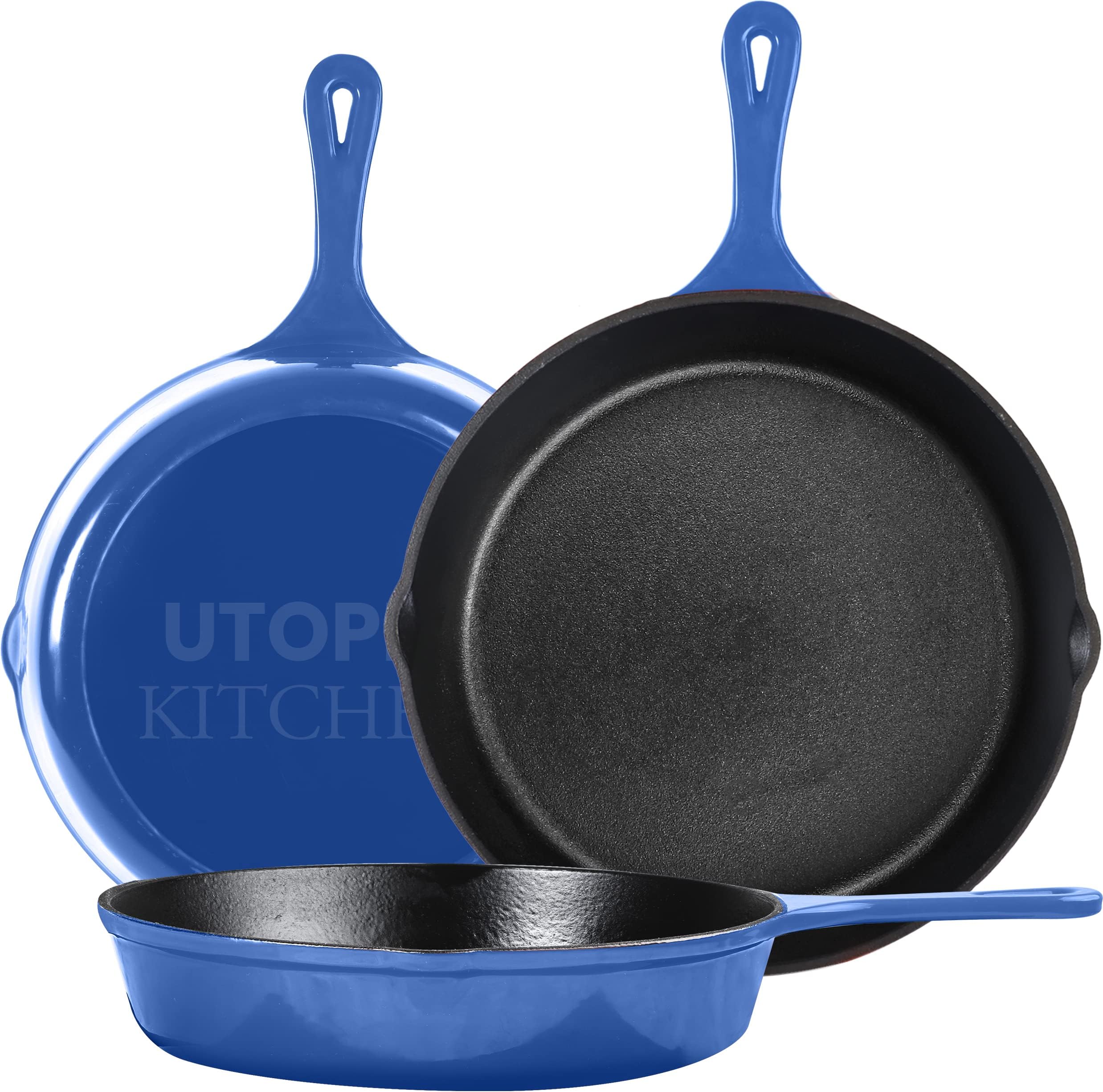Utopia Kitchen Cast iron Skillets 3 Piece Set, Chefs Pan, Pre Seasoned Cast iron Skillets, 6, 8 & 10 Inches, Easy Use in the Oven, Stove, Grill, or Campfire, Blue
