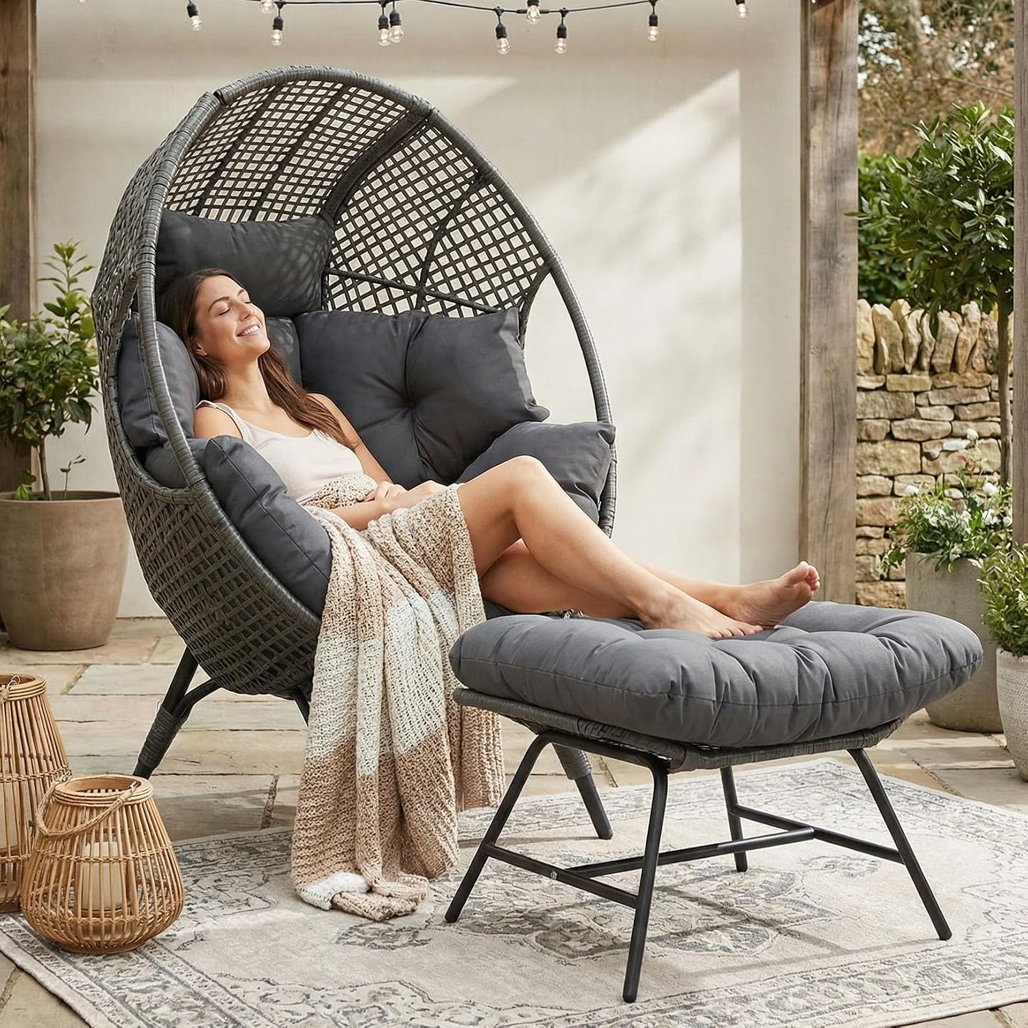 NICESOUL Patio Egg Chair with Ottoman, Indoor Outdoor Egg-Shell Lounge Chair, Cozy Oversized Round Circle Chair, Boho Rattan Egg-Shaped w/Cushion for Living Room, Balcony, Porch, Gray