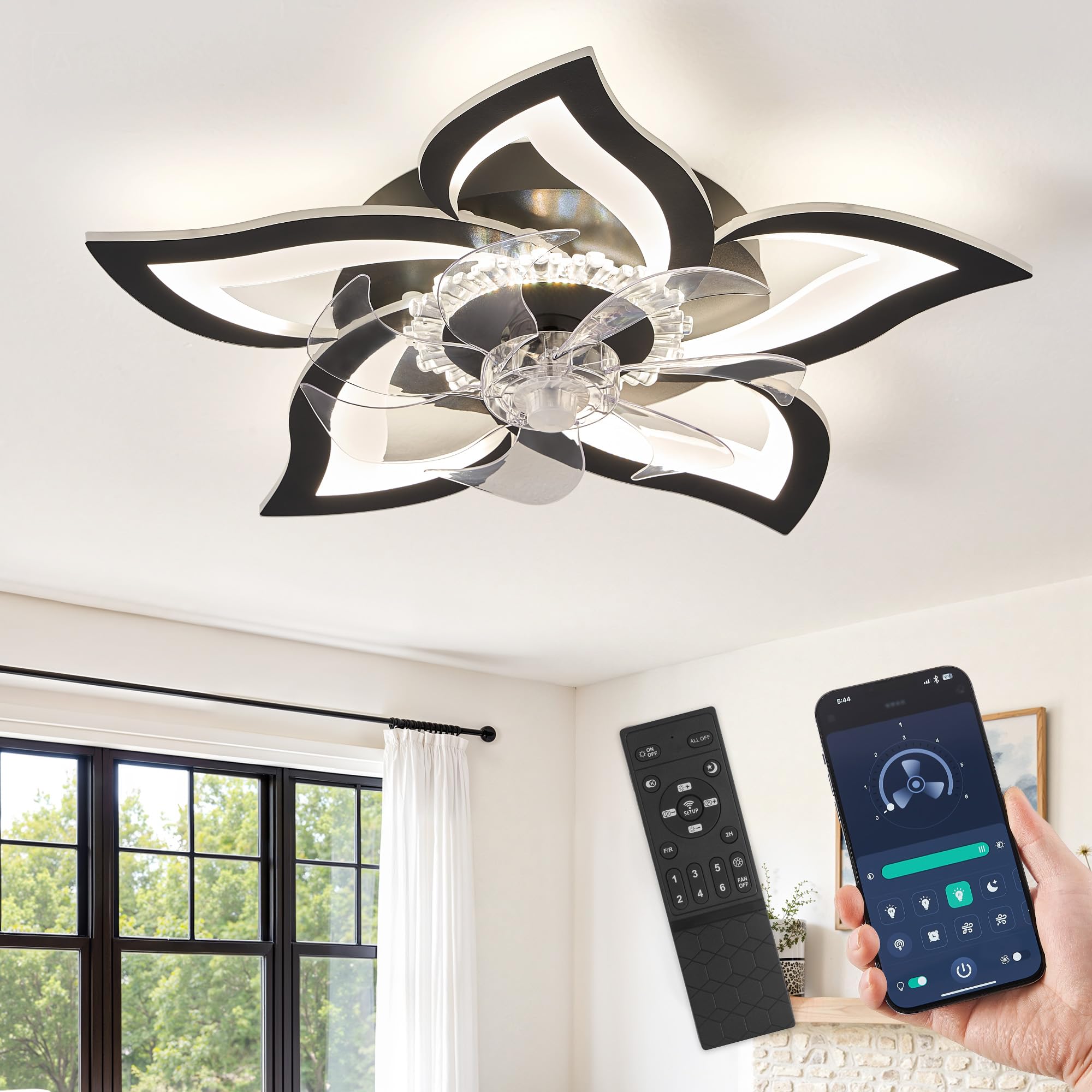 ZMISHIBO Deckenventilator mit Beleuchtung,69cm,Lampe mit Ventilator,DC-Motor,6 Geschwindigkeiten,dimmbare LED,Bluetooth-App,Timer,leise,Blütenform-Design in Schwarz für Schlafzimmer und Wohnzimmer