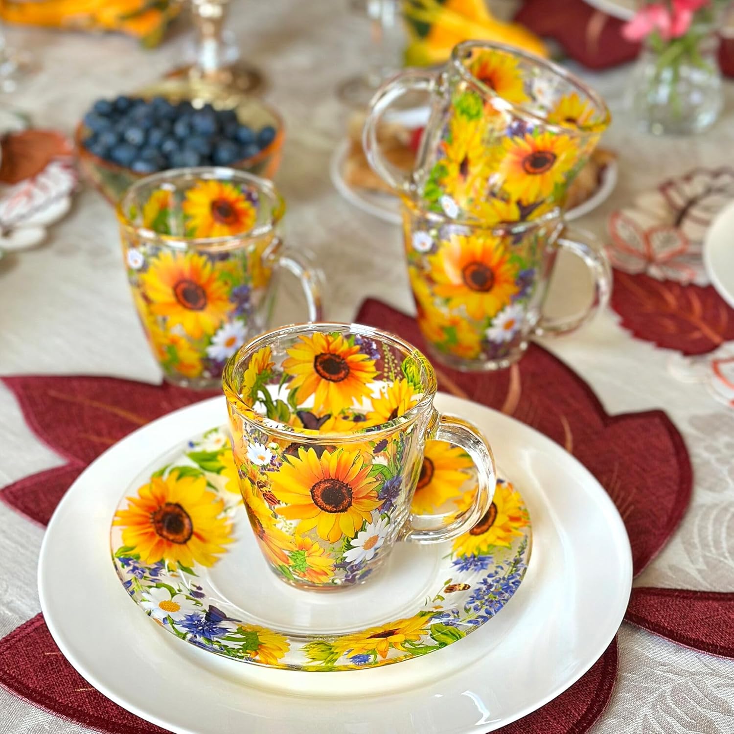 STP GOODS Sunflowers Glass Mug Set of 4 pcs 11.8 fl oz (350 ml) Tea and Coffee, Mug for Tea Latte Cocoa Chocolat, Microwave and Dishwasher Safe