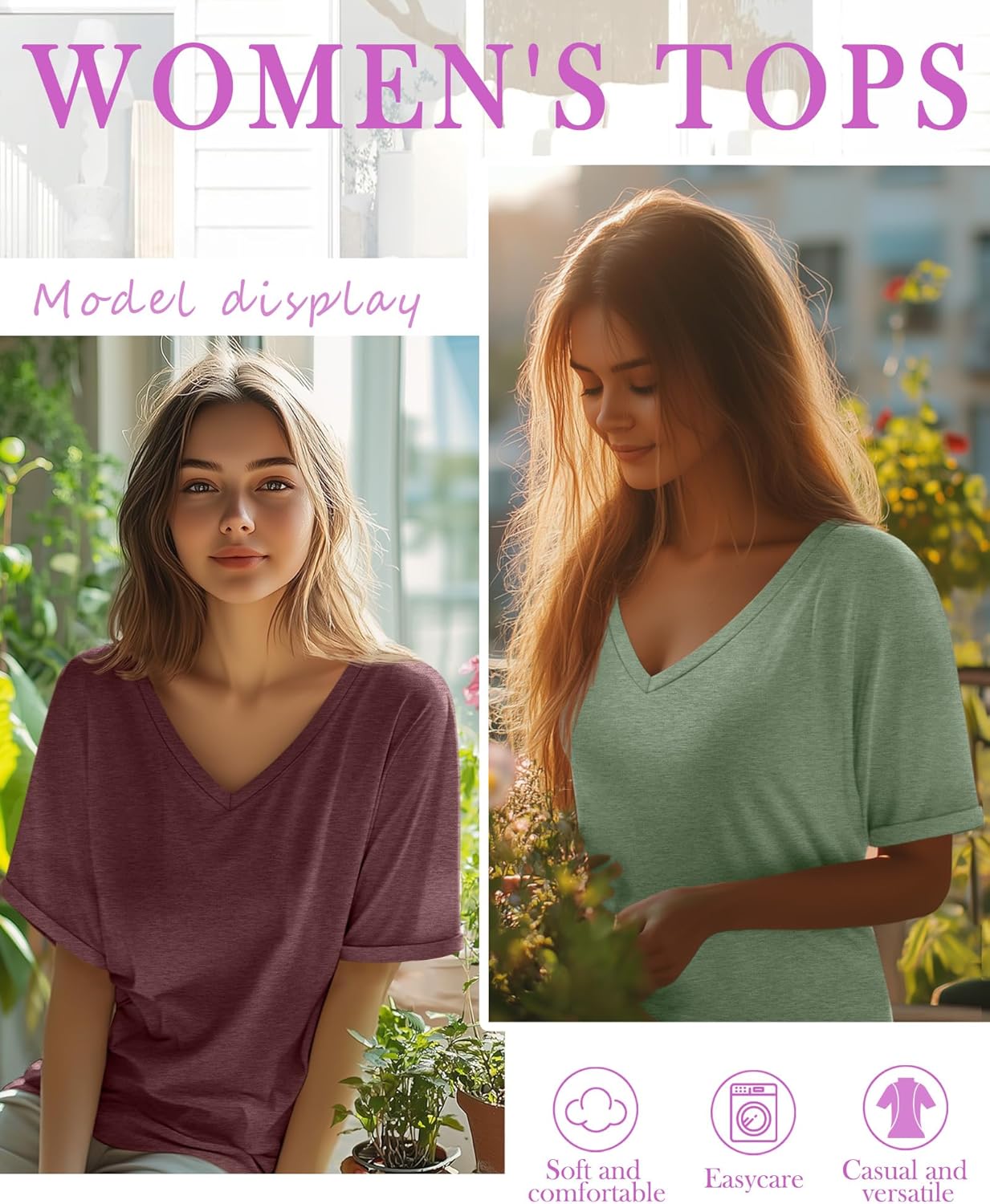 Huukeay 3 Pack Women's Oversized T Shirts, V Neck Loose Fit Rolled Sleeves Tops Shirts Summer Half Sleeves Tee(Black, Mint Green, Wine, XX-Large) - Image 5