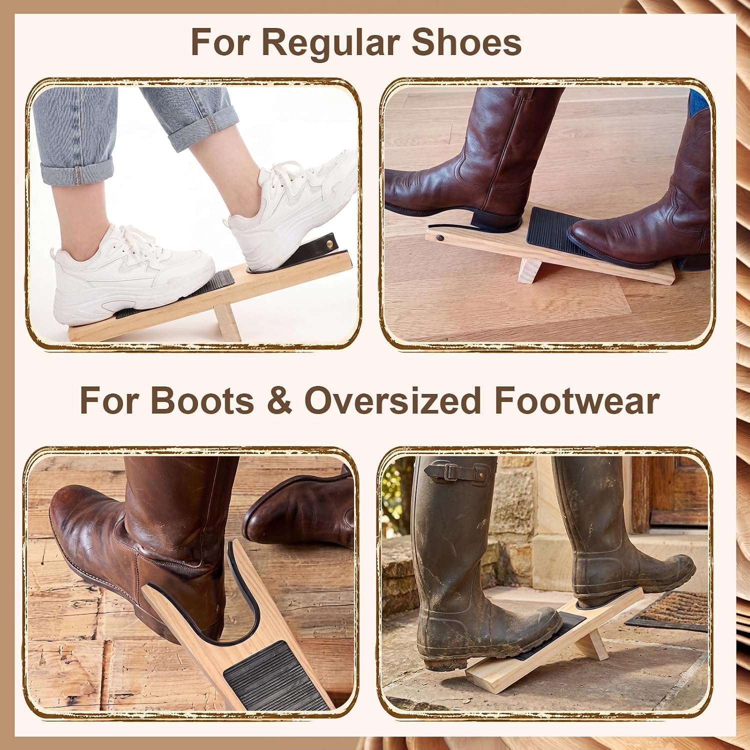 FoldTier 4 Pcs Wooden Boot Hooks Metal Boot Puller Set with Long Shoes Pull Shoe Brush Boots Accessories for Men and Women
