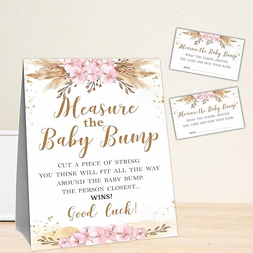Miniatura 4 de Set de juego bohemio floral para baby shower, medida maternal bump, letrero independiente y 50 boletos, revelación de género, anuncio y actividad de