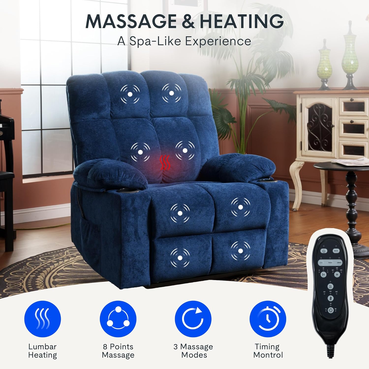 FLEXISPOT XL5 recliner with massage and heating zones highlighted