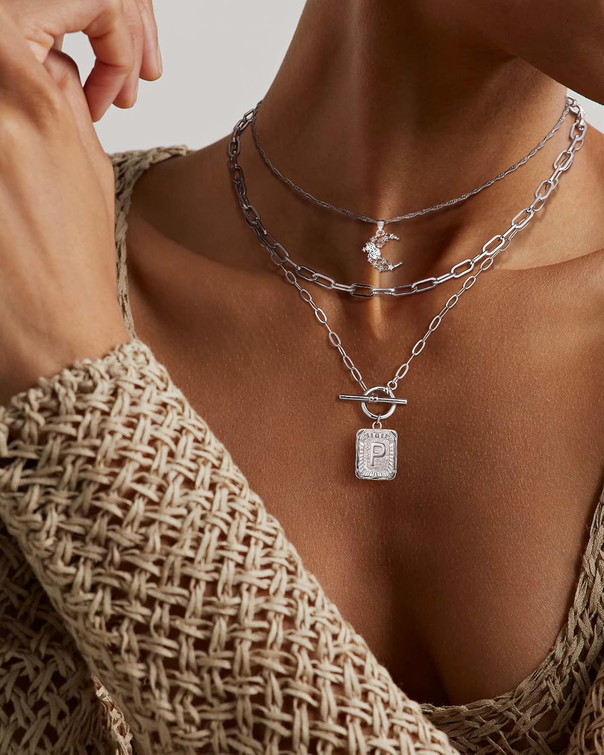 MJartoria Layered Initial Necklaces for Women Trendy, 14K Gold Plated Brass Simple Moon Choker Square Letter Pendant Necklace, Paperclip Chain Necklaces Jewelry Gifts - Image 2