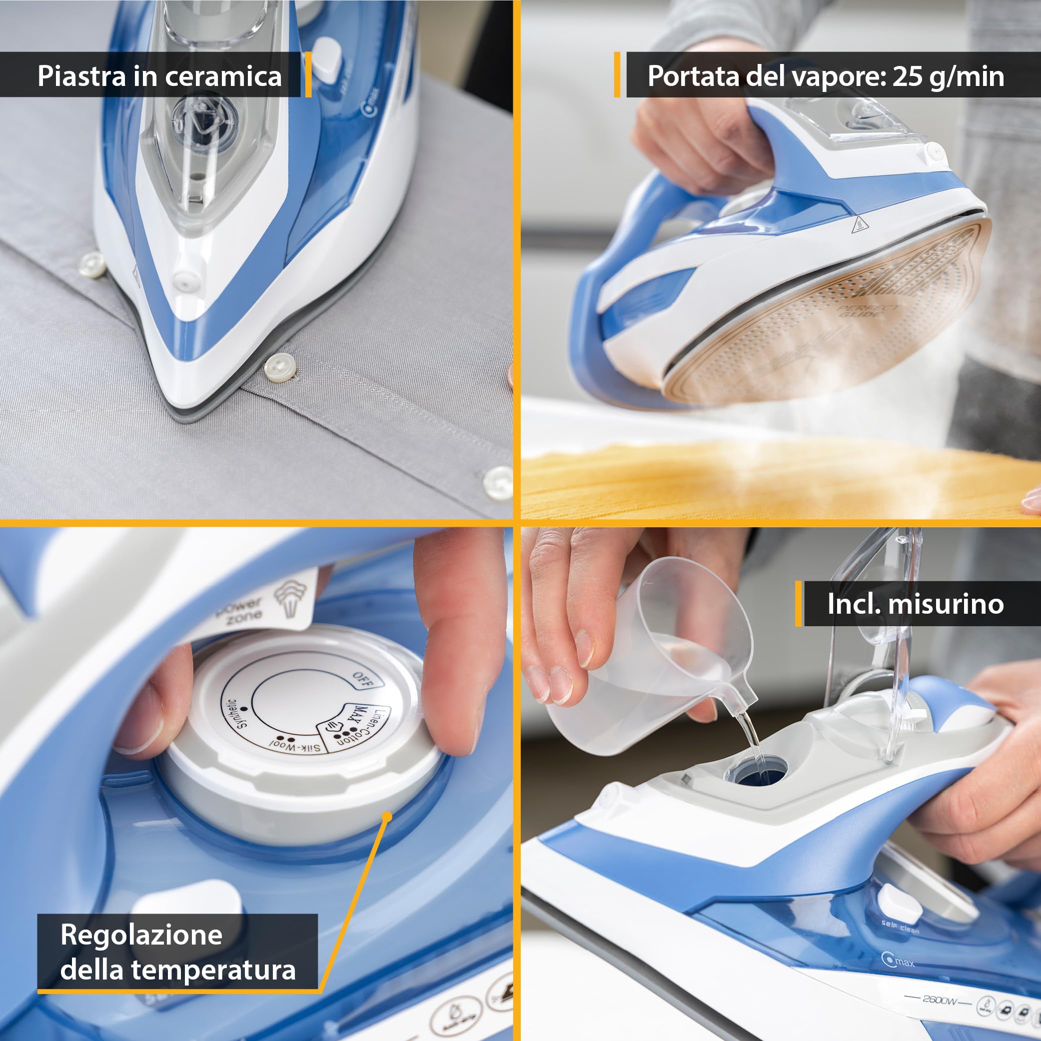 TZS First Austria - Ferro da Stiro a Vapore 2600W - 450ml - 91 Fori Vapore - 35g/min Vapore & Supervapore 1g - Piastra in Ceramica - Anti-Calcare, Vapore Verticale & Autopulizia - Blu