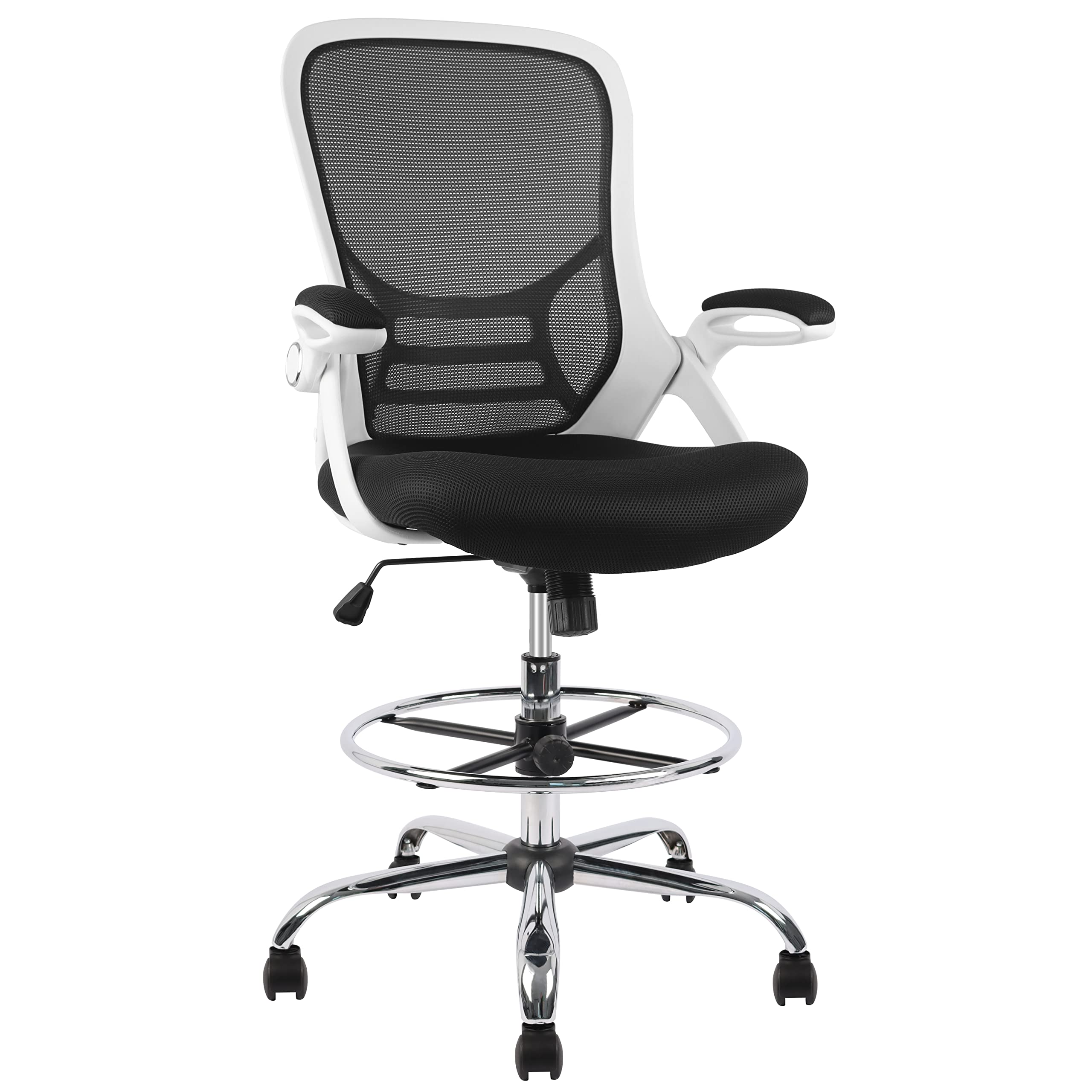 HYLONE Drafting Chair, Tall Office Chair Mesh Standing Desk Stool with Adjustable Foot Ring, Flip-Up Arms, White & Black