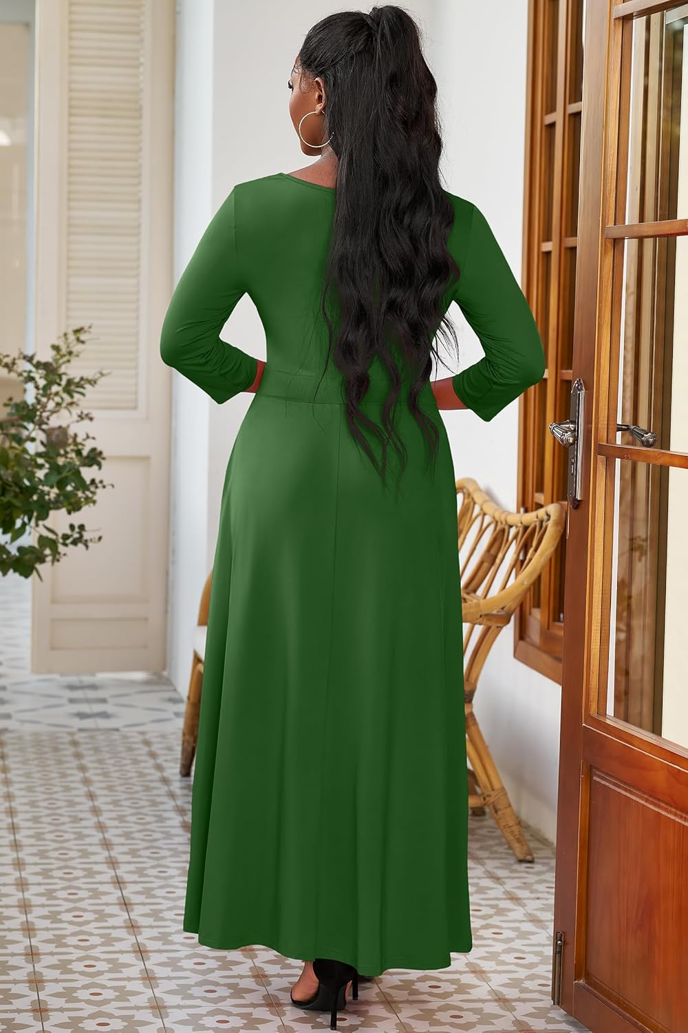 FANDEE Women's Dresses Church Loose Fit V Neck Dress with 3/4 Sleeve and Belt Design Casual Long African Attire Dress - Image 4