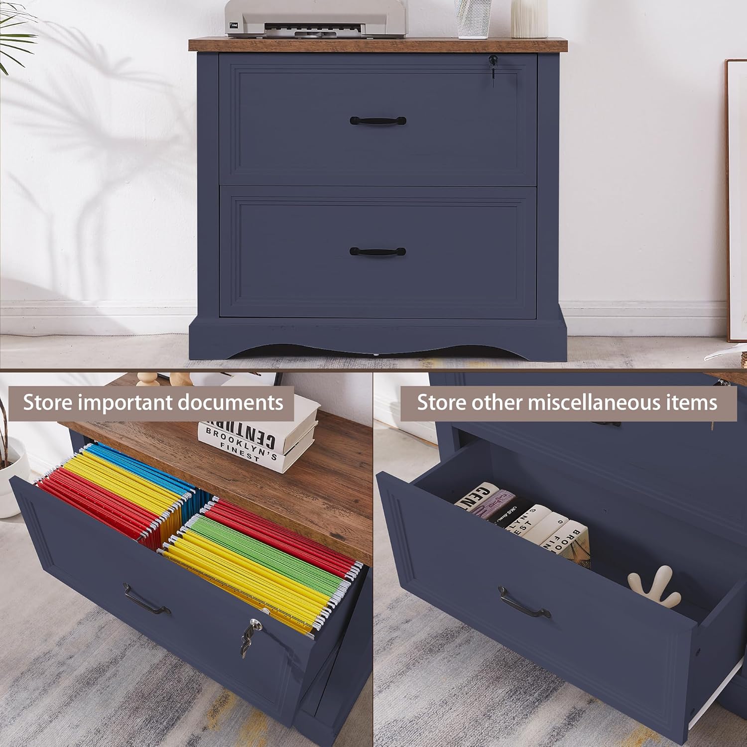 34.6" Farmhouse File Cabinet,Wood File Cabinet with Hanging File Folders,Top Drawer Lockable,Lateral Filing Cabinet for Home Office Compatible with Letter/Legal/A4 Size (2)