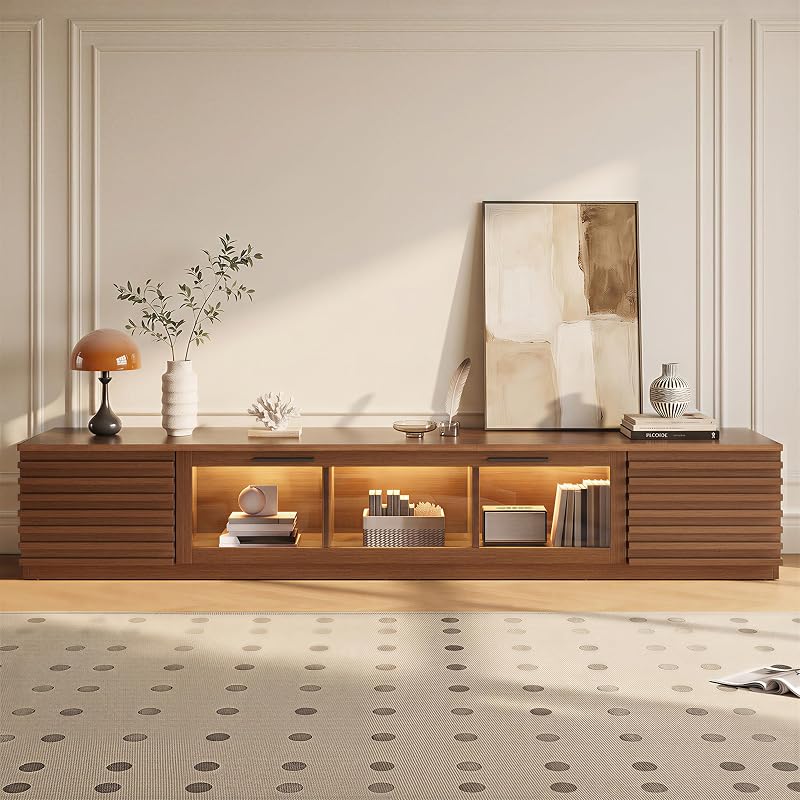 Marzzi 70" Walnut TV Stand with Slatted Doors for TVs Up to 80"