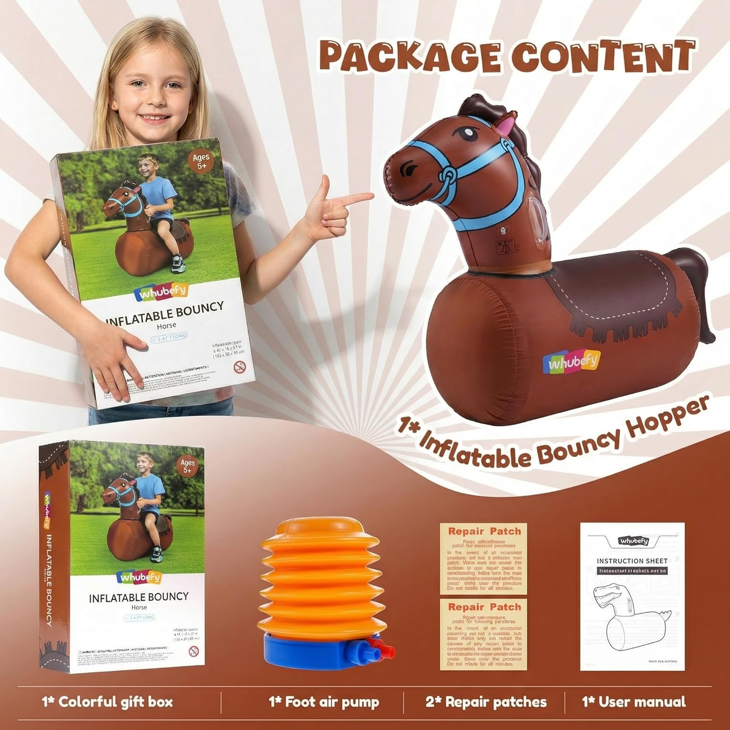 Whubefy Inflatable Bouncy Horse for Kids, 220lbs Capacity Ride-On Toys with Pump, Puncture-Resistant Saddle Design, Indoor/Outdoor Jumping Horse for Girls Boys Ages 5+ (Horse, 1 PCS)