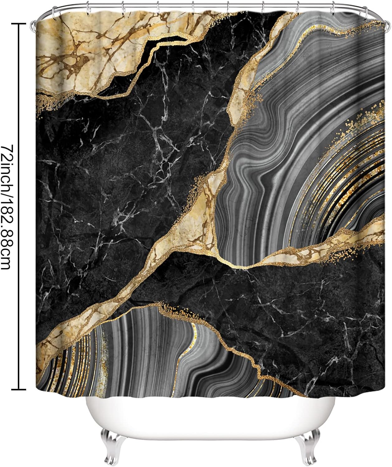 beifivcl 4Pcs Marble Shower Curtain Sets, Bathroom Decor Sets, Luxury with 12 Hooks, Bath Mat, Toilet Lid Rug and Non-Slip U Shape Mat Accessories, 72 x 72 Inch, Black