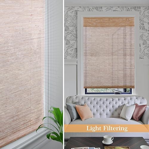 Vista 6 de Sunbox Persianas romanas sin cordones, filtrantes de luz, 100 % naturales, para ventanas, hogar, oficina, puertas francesas, marrón